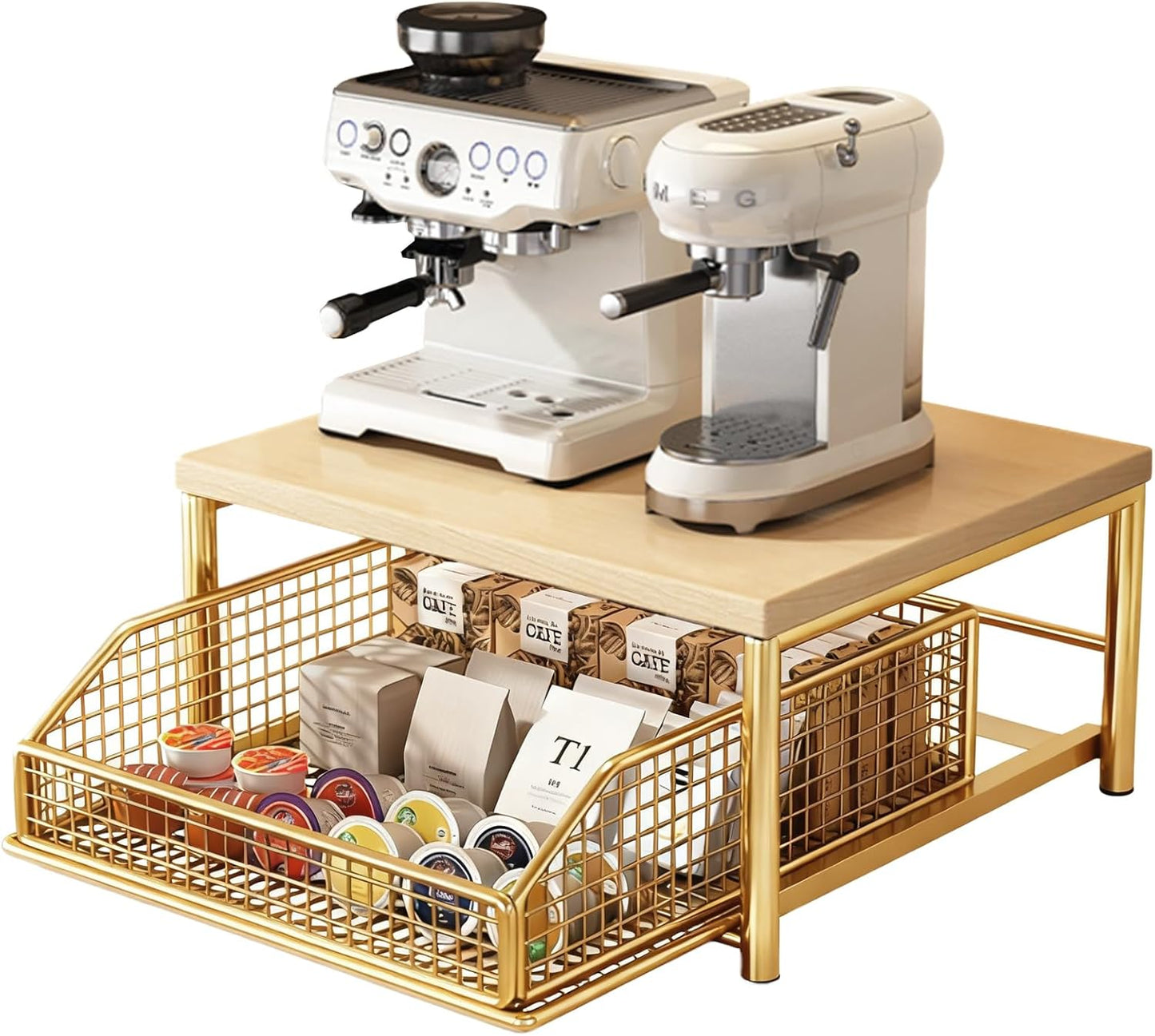 Coffee Pod Drawer Holder,Coffee Machine Storage Rack,Home Kitchen Counter Coffee Bar Organizer,Storage Basket Drawer (Gold)