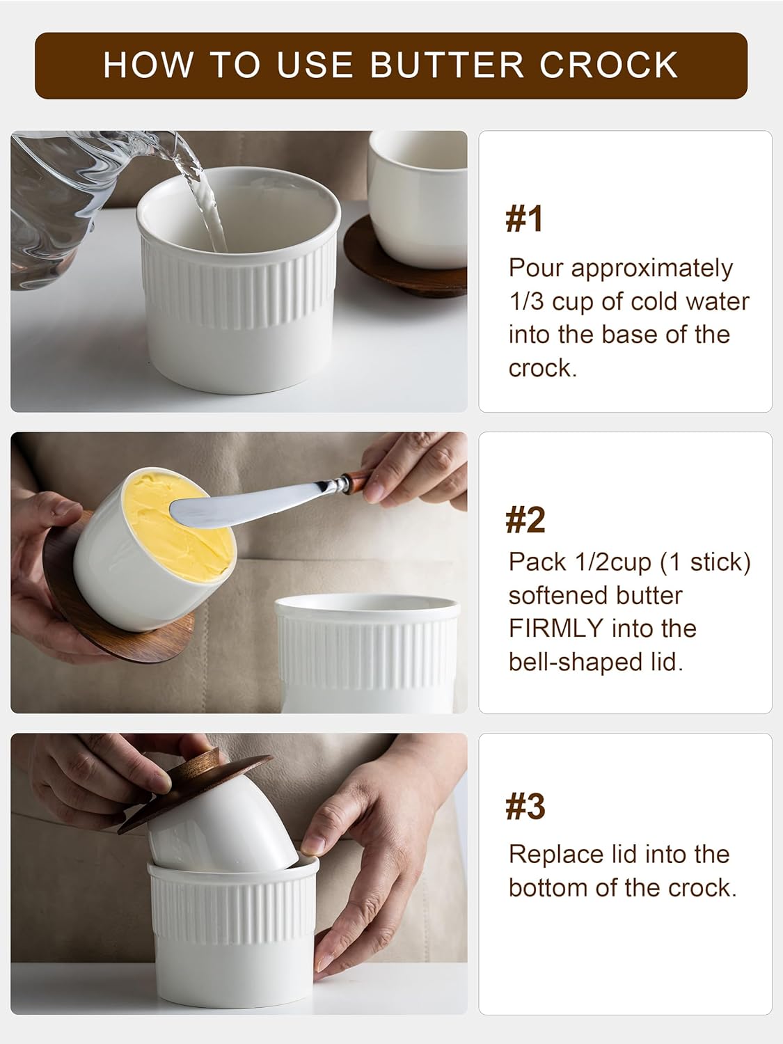 Ceramic Butter Crock, Butter Dish with Lid for Countertop, French Butter Keeper, Classic Stripe Pattern, White
