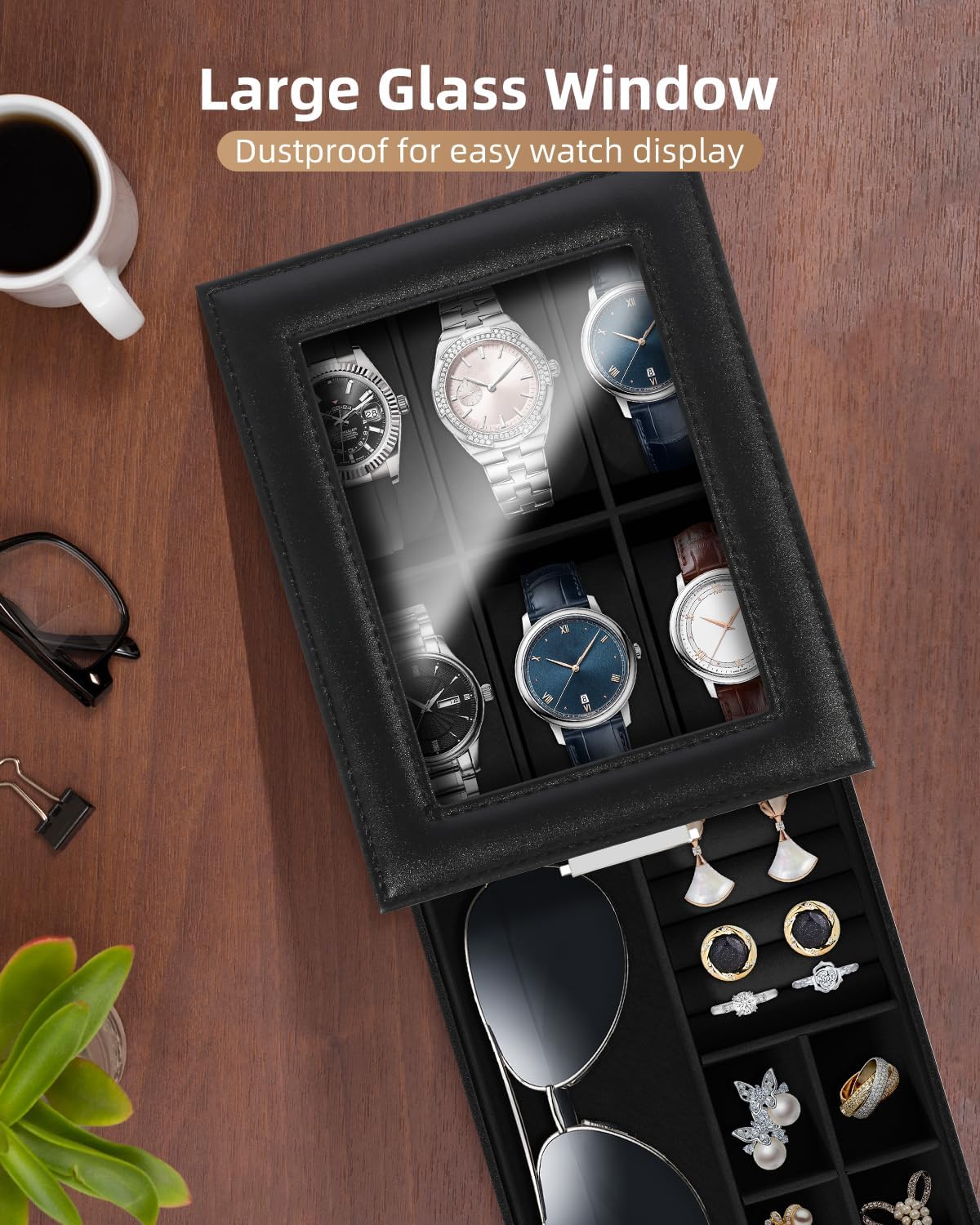 Uten 6-Slot Watch Box, 2-Layers PU Leather Watch Case with Glass Lid, Watch Holder Organizer with Soft Pillow and Velvet Lining, Watch and Jewelry Storage Box, Black