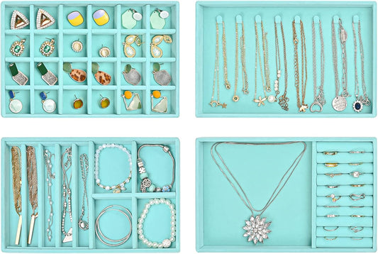 ProCase Stackable Jewelry Organizer Trays for Drawers, Jewelry Drawer Inserts Container Display Case Storage for Earring Necklace Rings Bracelet with Removable Dividers -Blue, 4 Layers