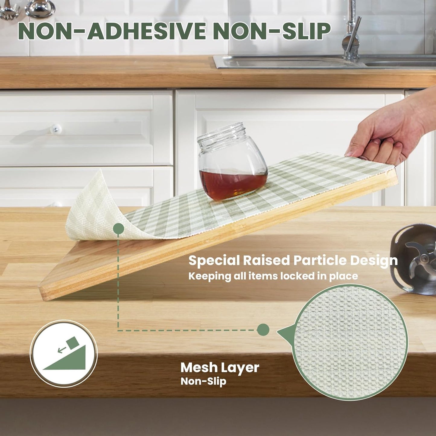 Drawer Liner and Shelf Liner for Kitchen Cabinet Liner Non-Adhesive Non-Slip Shelf Paper, Thick Strong Grip Waterproof Easy to Clean for Shelves, Cupboard, Desks, Green Plaid Pattern, 12 in x 30 FT