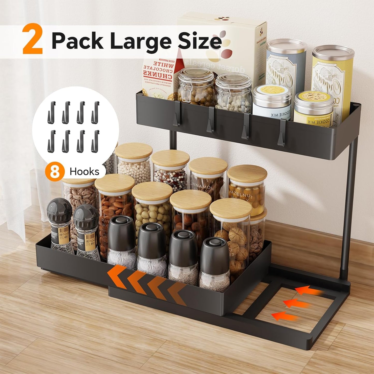 Simple Trending Under Sink Organizer 2 Pack, L-Shaped Sink Pull-Out Sliding Storage Cabinet, 2-Tier Under Shelf Organizer for Kitchen Bathroom with Hooks, Black