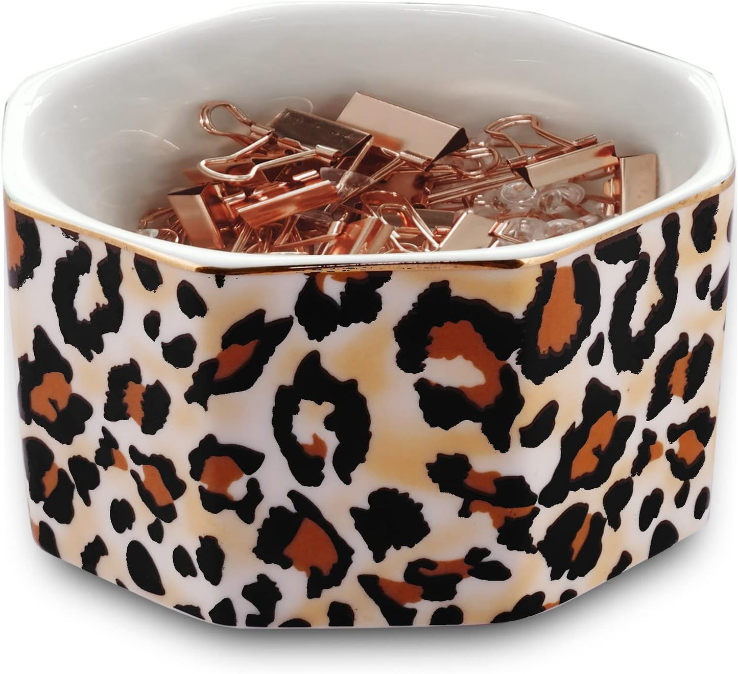 Ceramic Paper Clip Holder Gold Line Paper Clip Dispenser Organizer for Desk Cute Leopard Office Binder Clip Holder Bobby Pin and Hair Clip Holder Gift for Office Brown