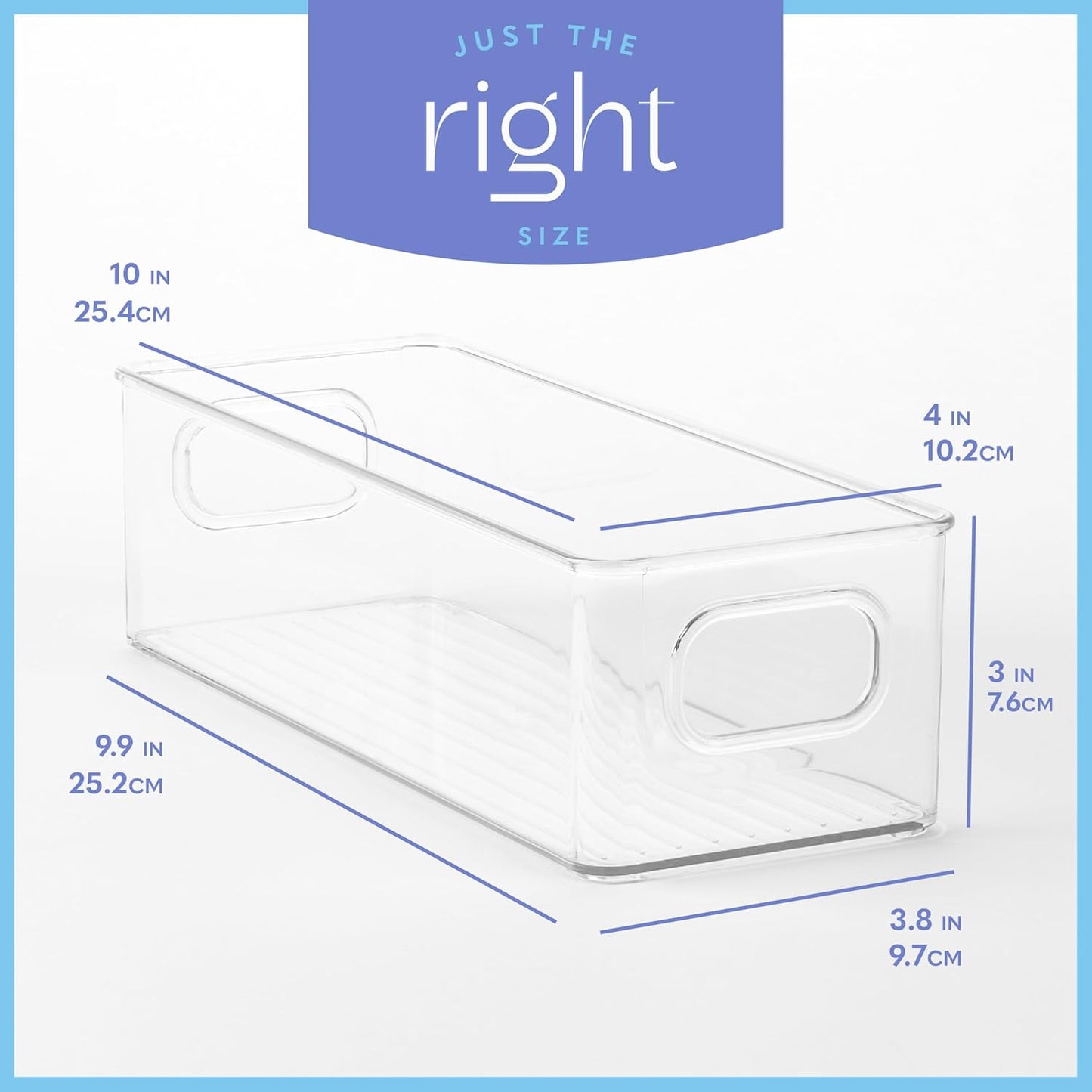primebox Plastic Food Storage Clear Container Bin with Handles for Organizing Kitchen, Pantry, Refrigerator, Freezer, Pantry, Cabinet, Closet, Bathroom. Stackable 10"X4"3"