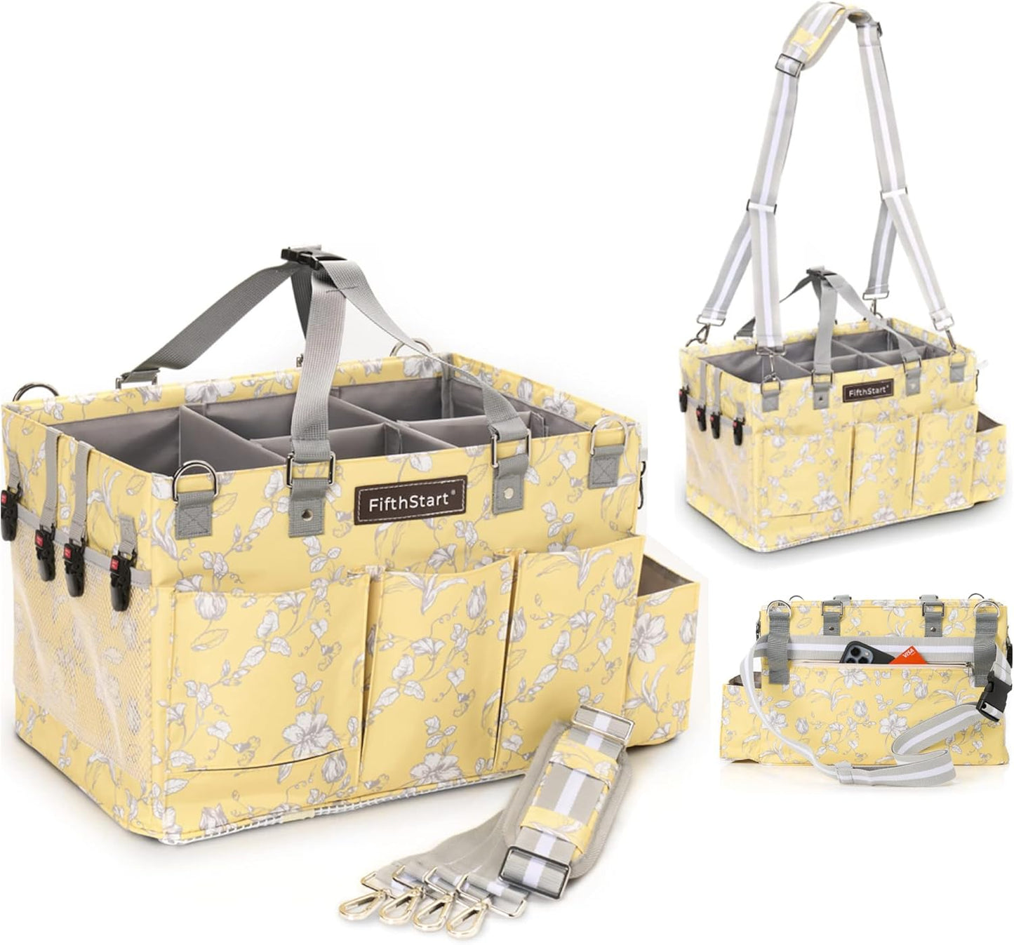 FifthStart Multiuse Cleaning Caddy - Diaper Caddy with Waist, Shoulder Strap, 9 Pockets, Mesh Base & Adjustable Compartments - Cleaning Supplies Organizer (Yellow Floral, Large)