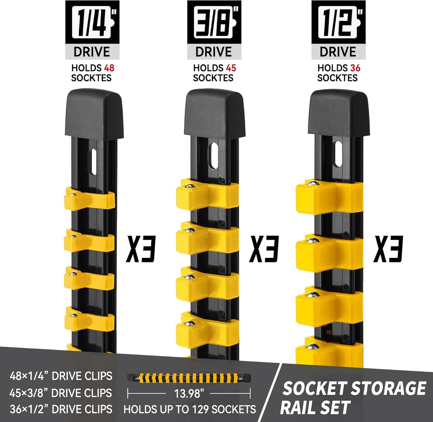 Socket Organizer Drive ABS Tools - Yellow Socket Holder, Premium Quality 9 Pieces Socket Holders Kit 1/4-Inch x 48 Clips, 3/8-Inch x 45 Clips, 1/2-Inch x 36 Clips（9PC,Yellow)