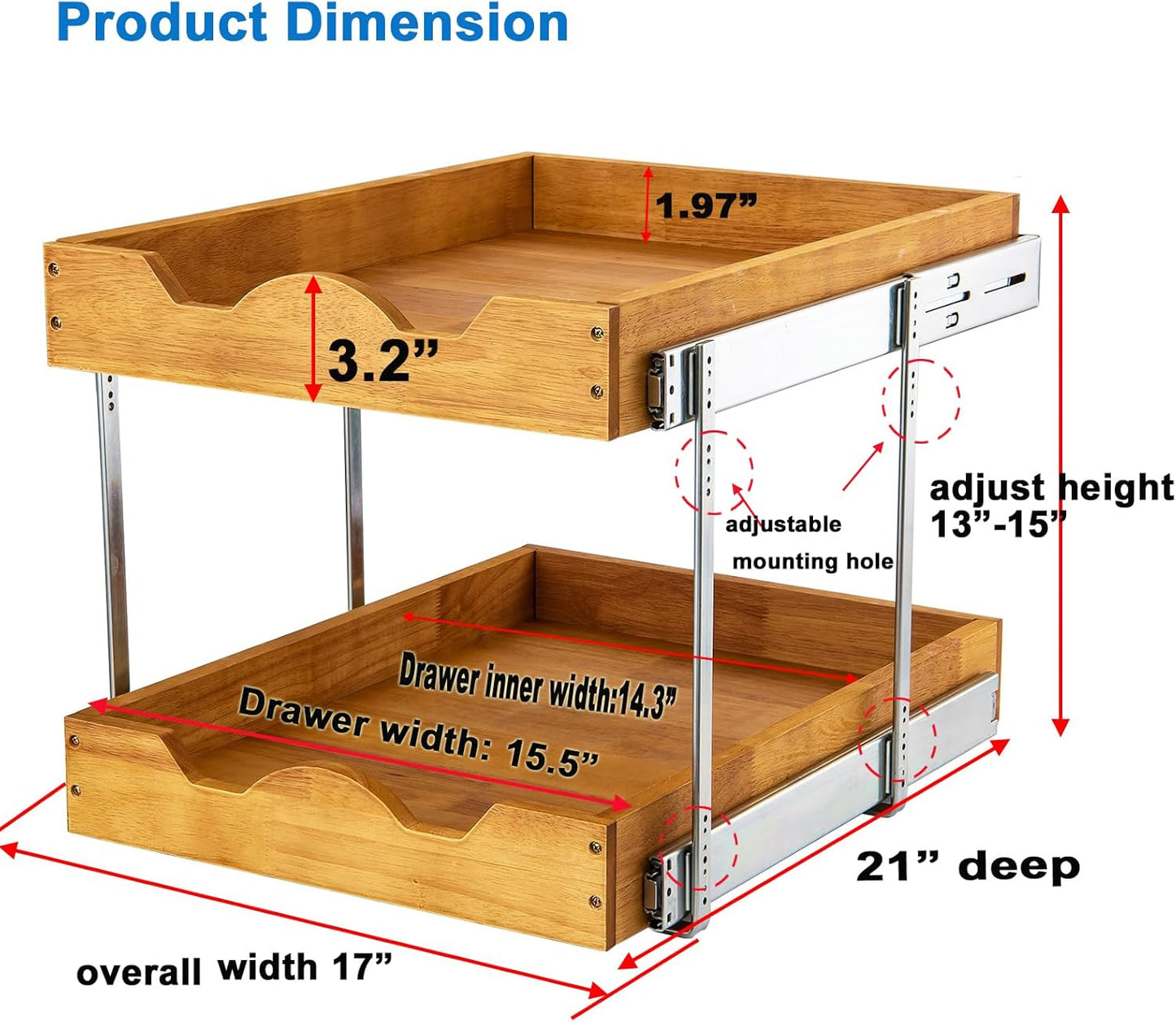 DINDON 2 Tier Pull Out Cabinet Organizer (17" W x 21" D) Wood And Metal Double Tier Slide Out Wood Drawer Under Cabinet Storage And Organization