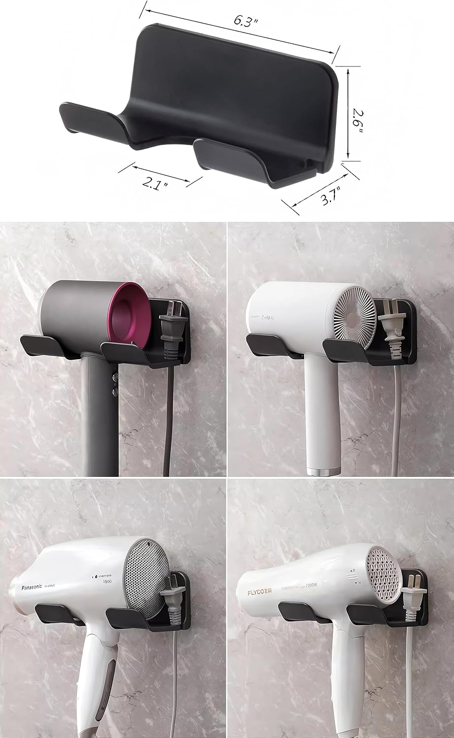 Universal Hair Dryer Holder, Blow Dryer Hanger Wall Mount for Hair Dryer Hook with Plug&Cord Organizer Self Adhesive for Cabinet Bathroom(1 Pack Black)
