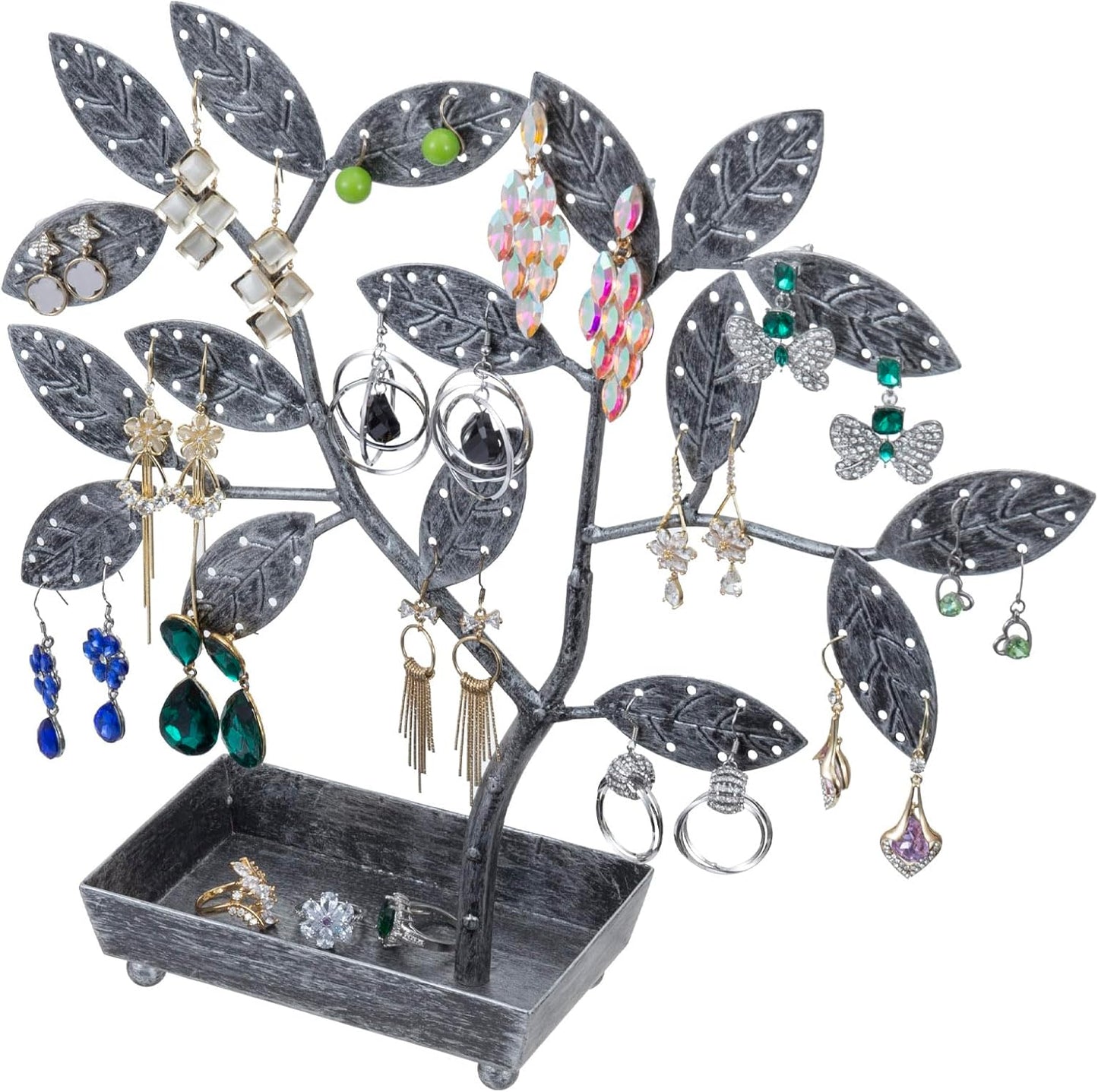 MyGift Jewelry Tree w/Bird Nest 48 pair Earrings Holder, Bracelets/Necklace Organizer Stand (Silver Metal)