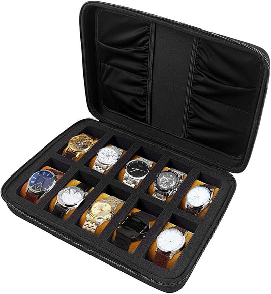 Comecase 10 Slots Watch Box Organizer/Men Watch Display Storage Case Fits All Watches up to 42mm with Extra 4 Pocket (Black)