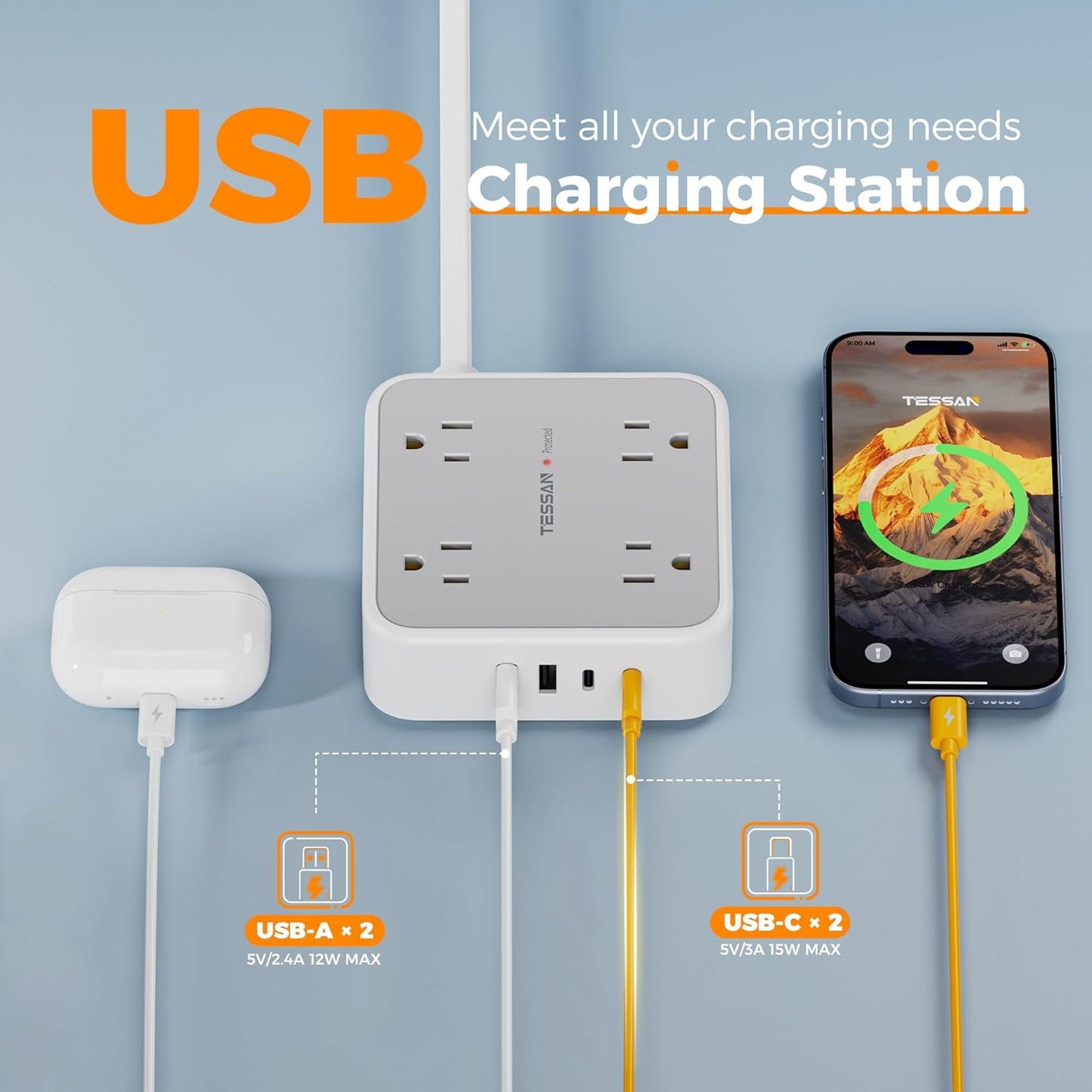 TESSAN Surge Protector Power Strip, 5 FT Extension Cord with Multiple Outlets Flat Plug, 4 USB (2 USB C) and 8 AC Outlets, 900 Joules Protection, Wall Mount Charging Station for Home, Office, Dorm