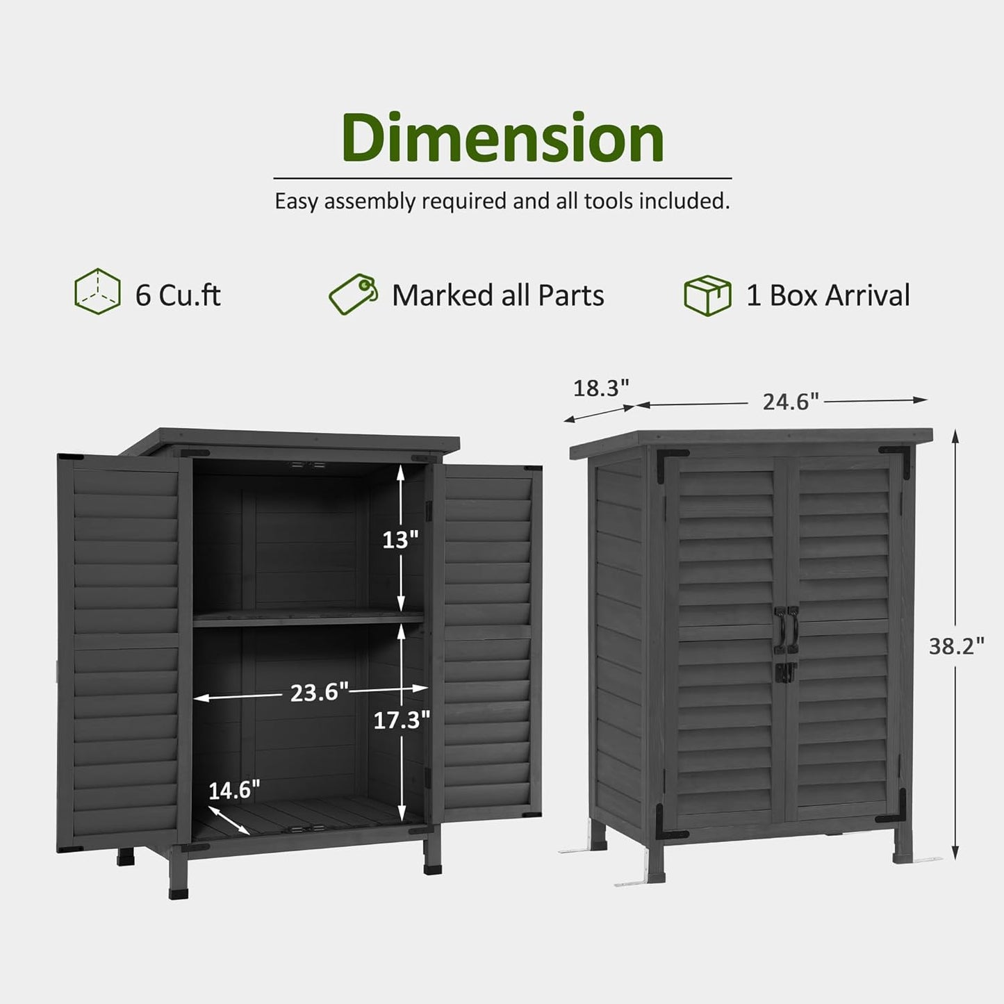 MCombo Outdoor Storage Cabinet, Small Storage Shed with Removable Shelf, Wood Garden Shed with 2 Doors for Yard Patio Lawn (24.6 x 18.3 x 38.2 inch) 0985 (Grey)