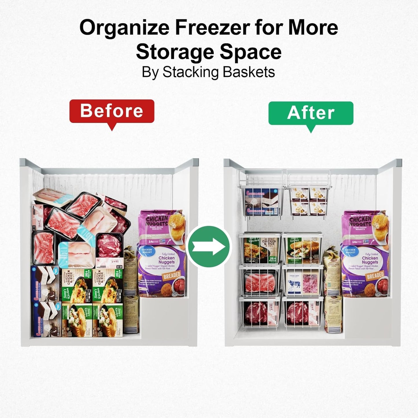 iSPECLE Freezer Organizer Bins - Expandable from 15.8" to 18.1", Fit 7 Cu.Ft Deep Freezer, Hanging Baskets for Chest Freezer, Easy Slide Access, 2 Pack, White