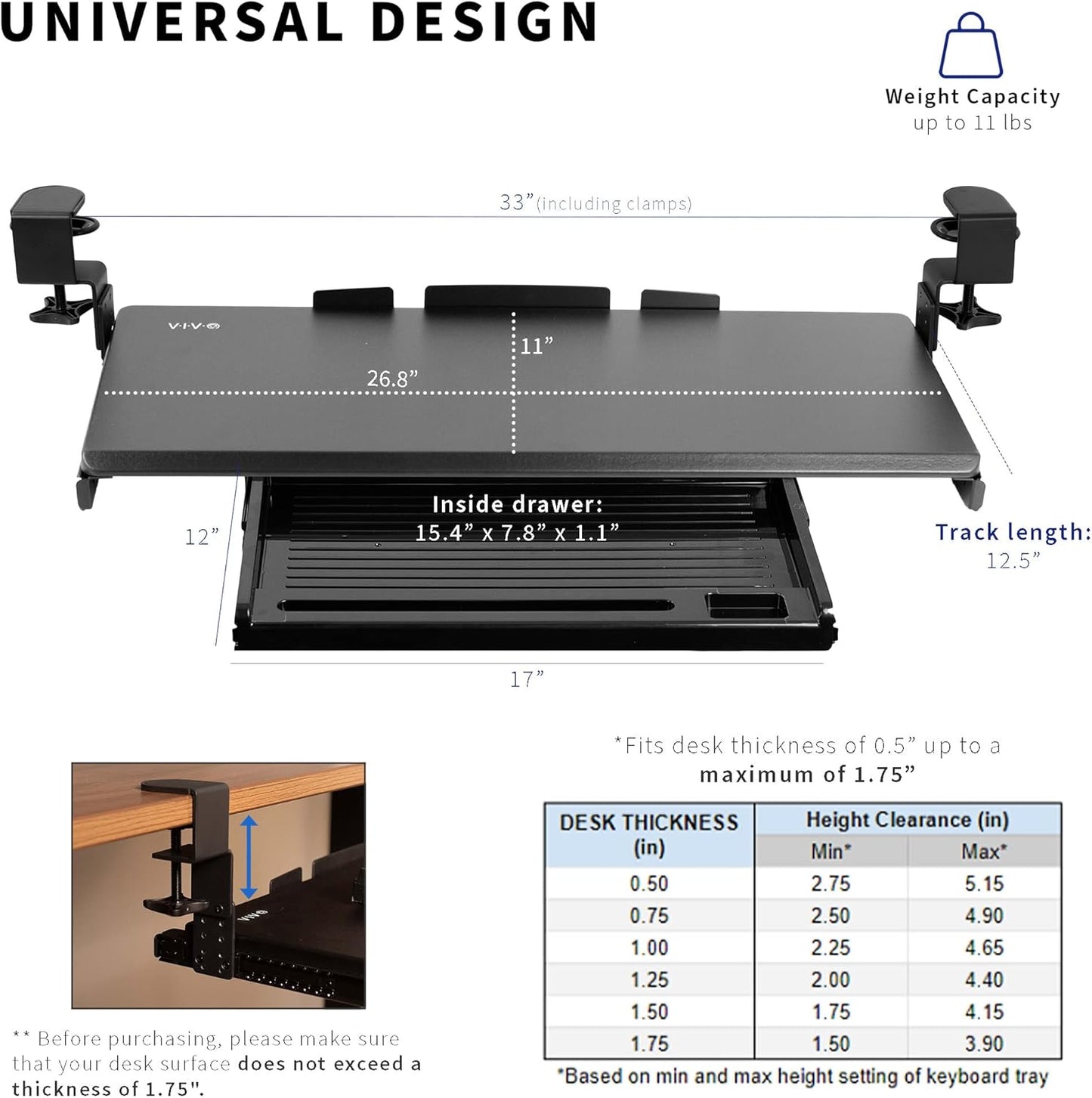 VIVO Large Clamp-on Height Adjustable Keyboard Tray, Pull Out Platform, Pencil Drawer, 27 (33 Including Clamps) x 11 inch Slide-Out Tray Storage Drawer, Black, MOUNT-KB05-4DH