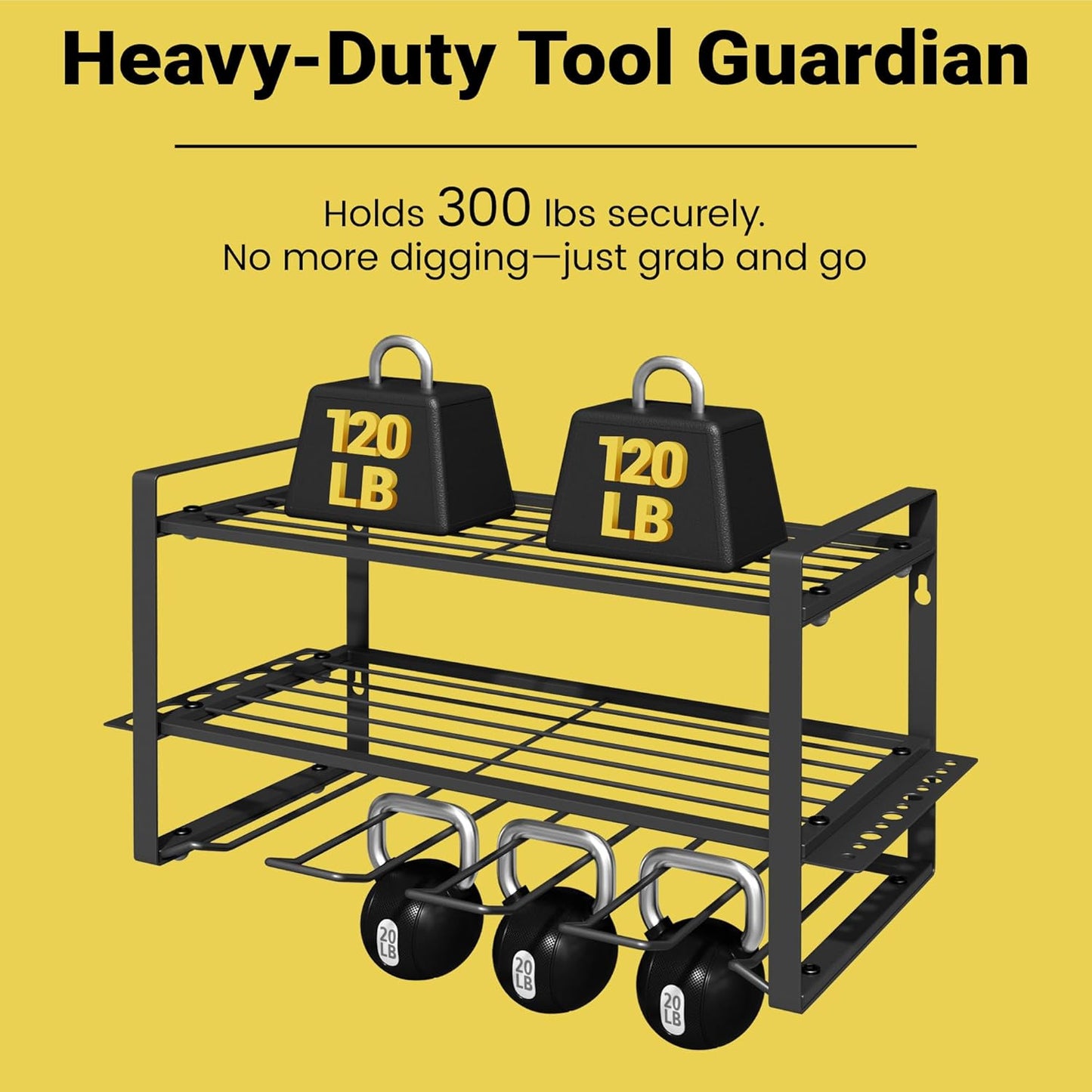 Power Tool Organizer Wall Mount, 3-Tier Heavy Duty Metal Rack Loads 180lbs with 4 Drill Holders and Side Hooks, Tool Battery Utility Rack Suitable Garage﻿