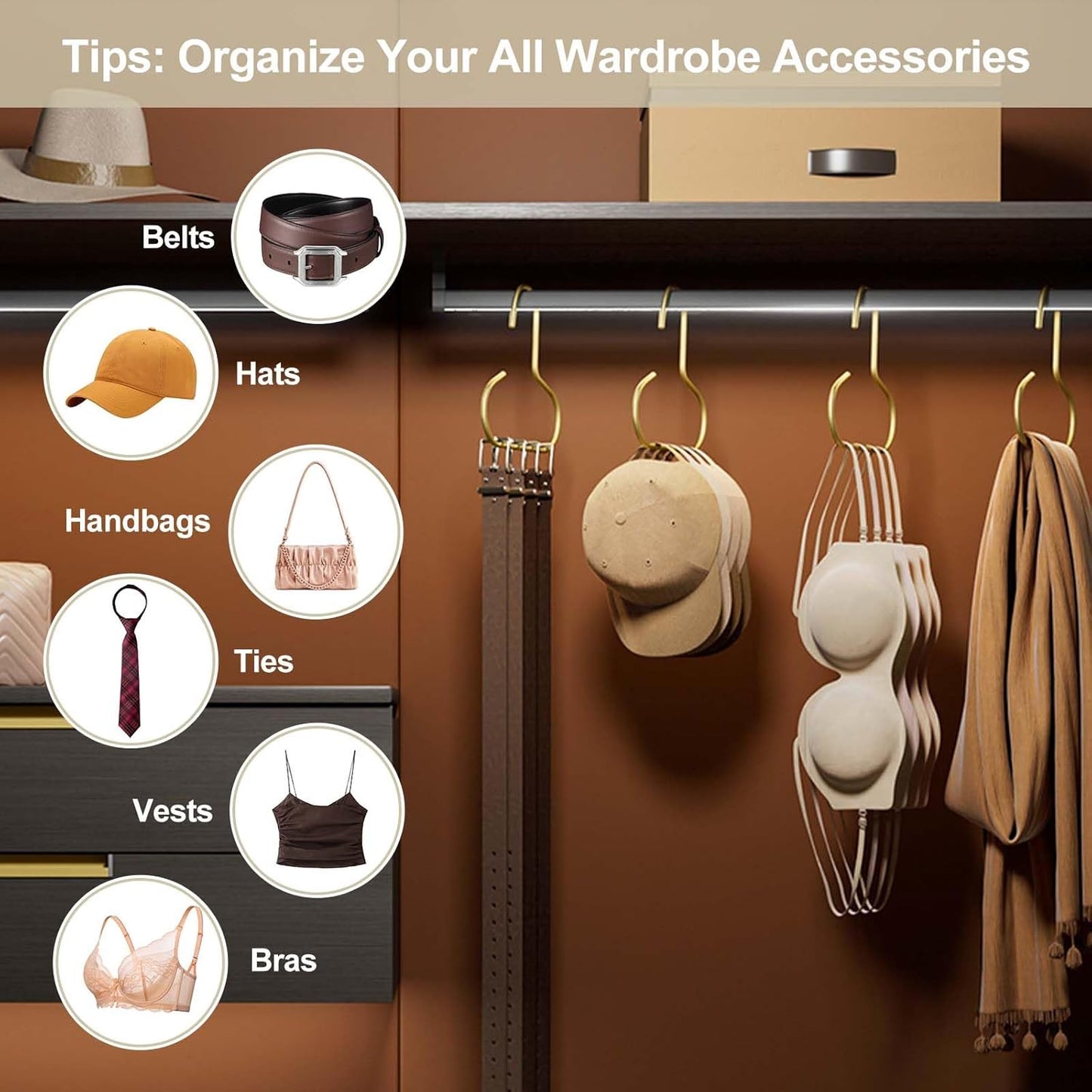 6 Pcs Hat Hanger Gold Hooks Organizer, Metal Shawl Belt Scarf Caps Tie Purse Storage Hangers Organizers Non-Slip Easy Access Open Hook Space Saving Multi-Functional Hooks