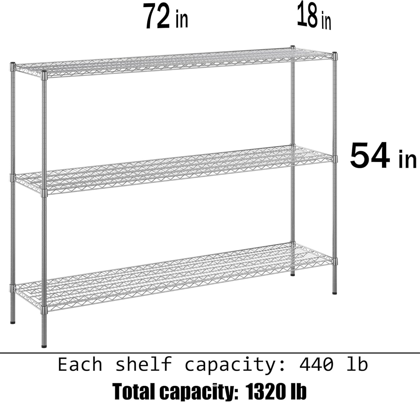 18" Deep x 72" Wide x 54" Height Wire Shelving Kit | 3-Tier | NSF Commercial Storage Rack Unit