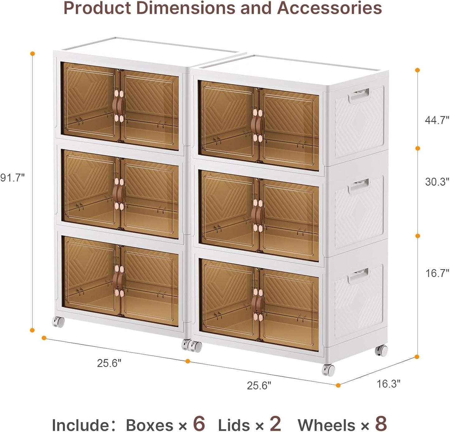 720Qt Stackable Storage Bins with Lids, 6 Pack Large Collapsible Bins with Wheels, Plastic Cabinet with Doors, Foldable Closet Organizers and Storage for Home, Dorm, Office, White