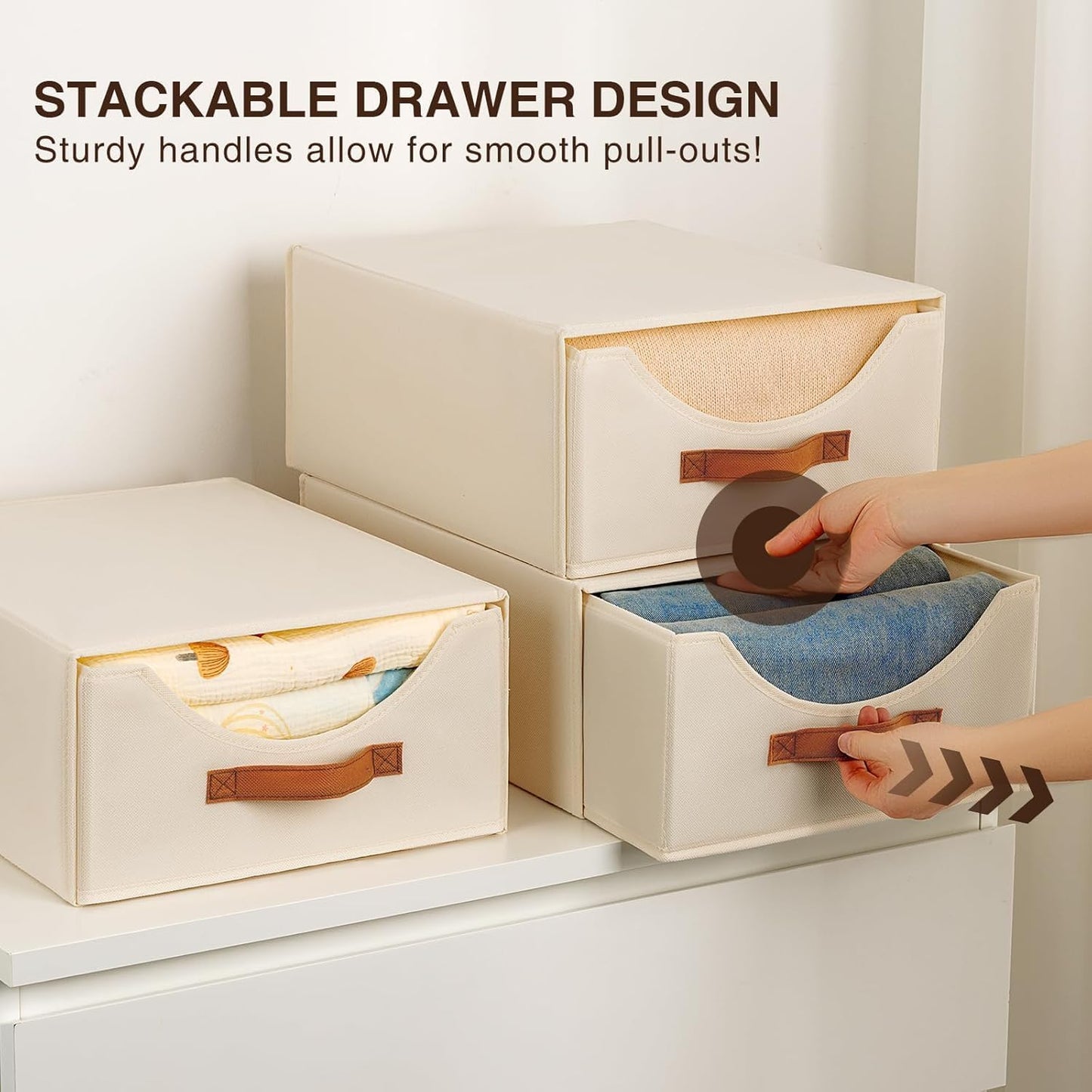 Closet Organizers and Storage - Large Stackable Storage Bins with Drawer, Fabric Bins for Organization, Collapsible Drawer Organizer Clothes for Bedroom, Living Room, 4 Pack, Beige