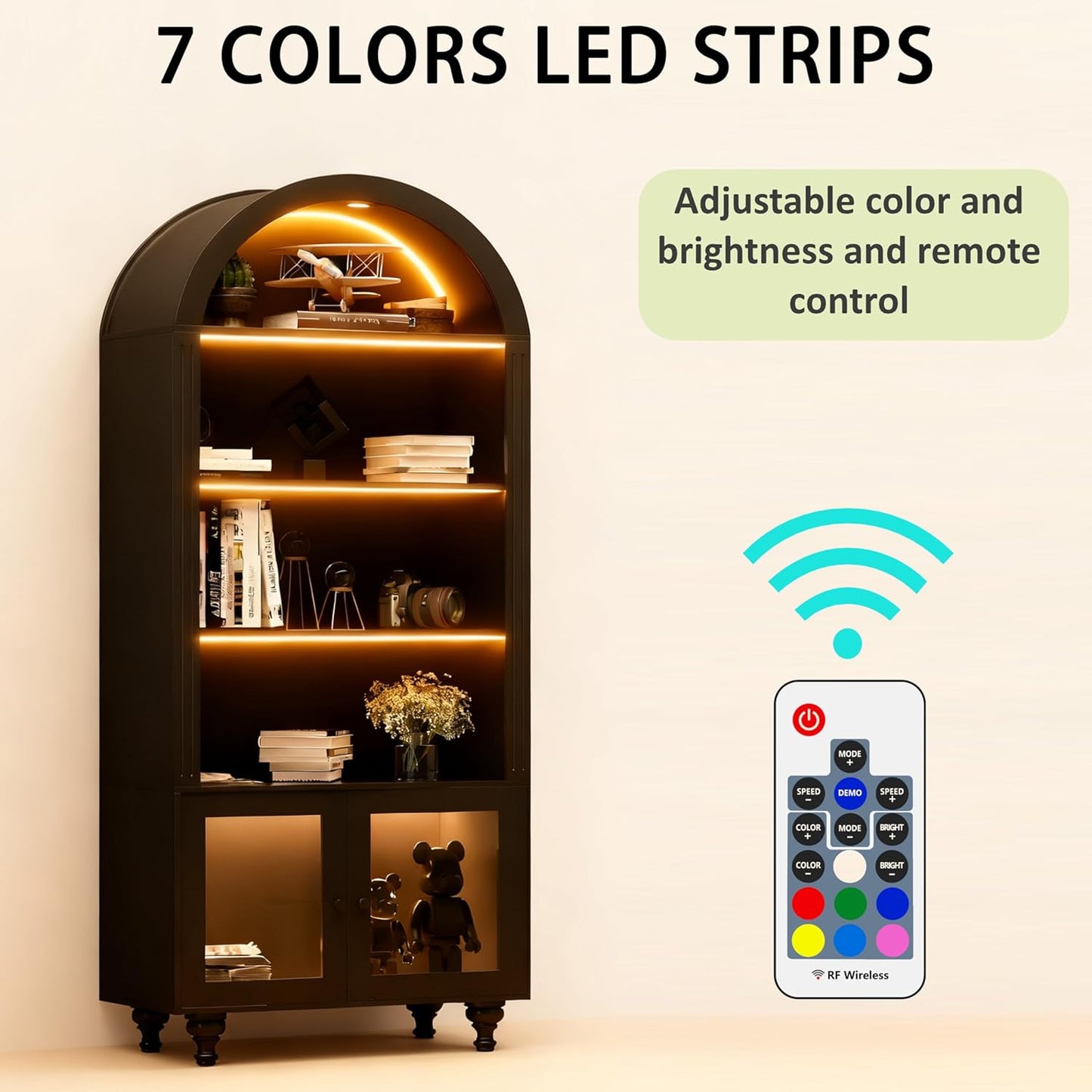 Wooden Arched Display Storage Cabinet with Glass Door, LED Lights,Showcase for Collections, Perfume, Vinyl Albums, Bookcase for Home Office, Living Room, Clinic, Pantry (Black-Arched top)