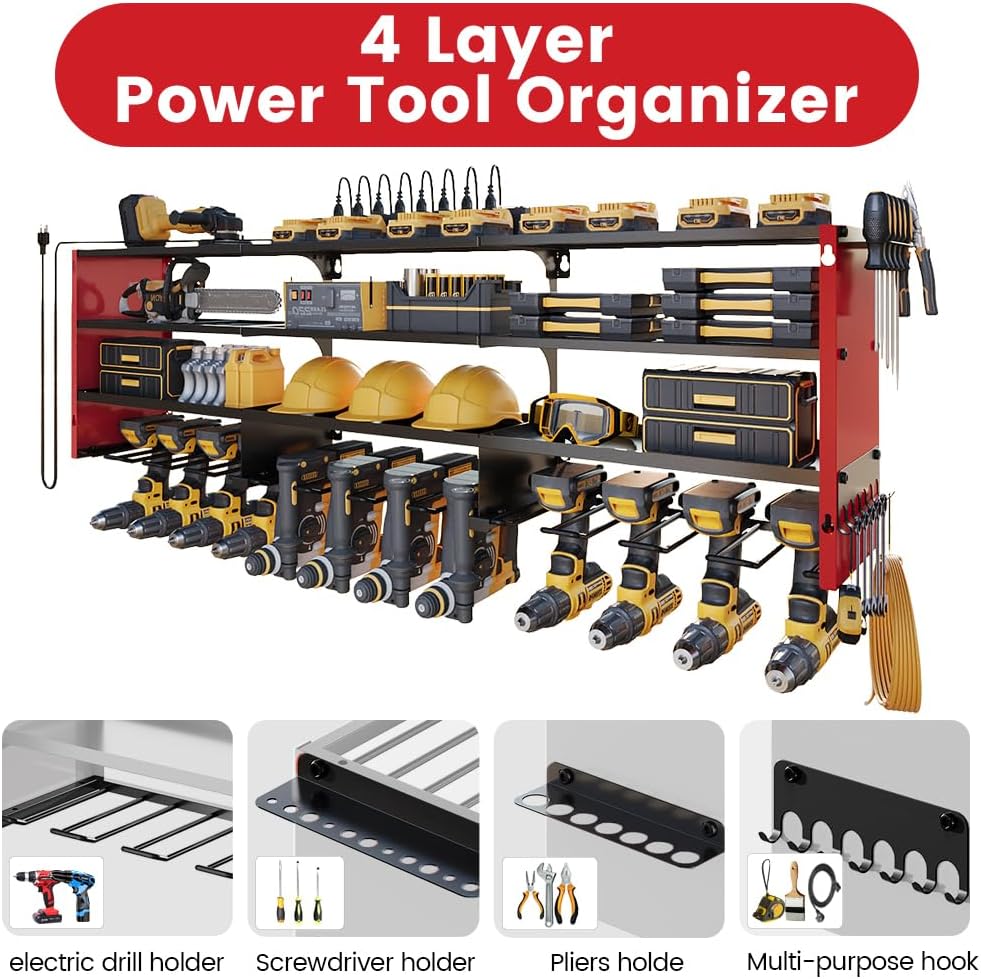4 Layers Power Tool Organizer Wall Mount with Power Strip, Heavy Duty Metal Tool Shelf, 400lbs Capacity for Cordless Drills, Batteries & Garage Storage (12 Slots with 8 Outlets Power Strip)