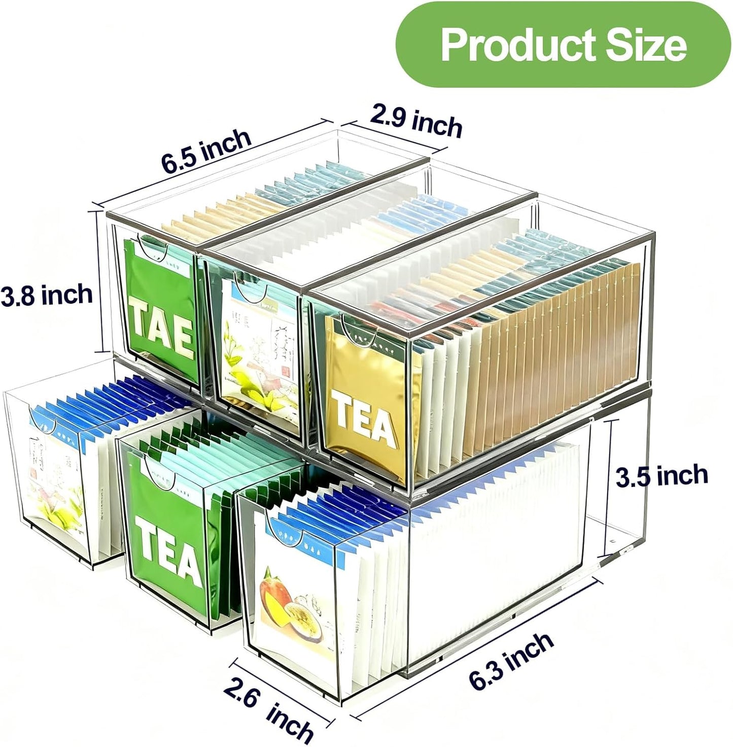 2 Pack Stackable Tea Bag Storage Organizer Drawers – Clear Acrylic Tea Bag Holder for Cabinet, Drawer, Pantry, Countertop – Kitchen Tea Storage Container
