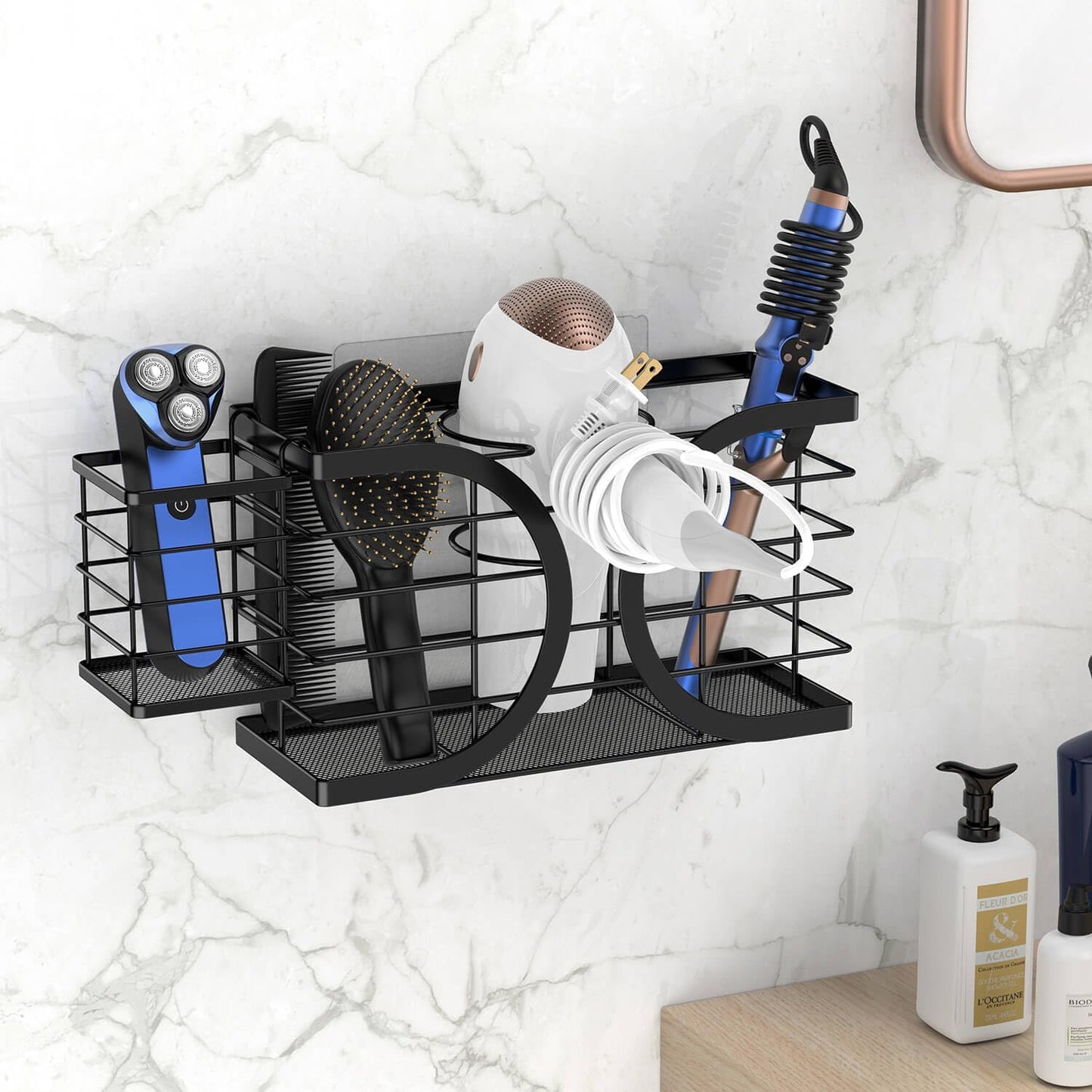 Hair Dryer Holder 3in1 Hair Tool Organizer/Wall Mounted,Cabinet Door or Desk-based Blow Dryer Holder/Height-adjustable Curling Iron Holder/Bathroom Cabinet Organizer for Flat Irons