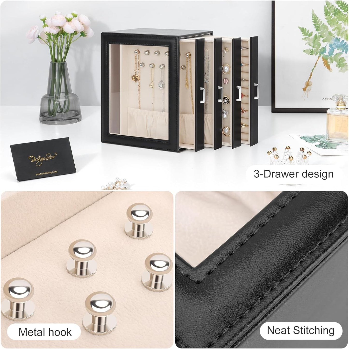 DesignSter Jewelry Box Organizer, Jewelry Box for Women, PU Jewelry Organizer Display Case with Side Drawers, Jewelry Storage for Earring Necklace Ring Bracelet Watch