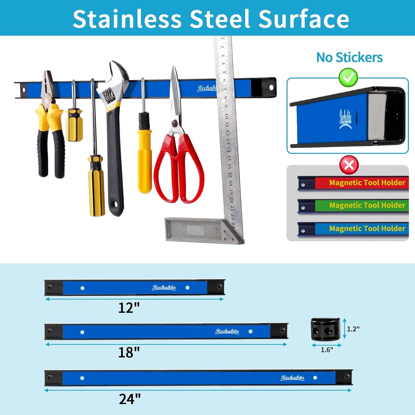 4 Pieces 12" Magnetic Tool Holder Strip, Blue Magnet Bar, Metal Tool Organizer Rack for Garage Organization, Easy To Install in Workshop, Mounting Screws Included