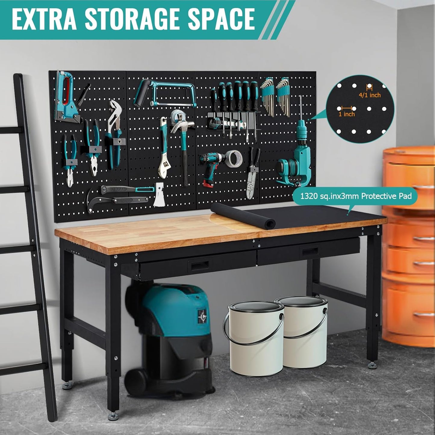 60 Inch Adjustable Height Rubber Wood Workbench, Heavy Duty 3000LBS Work Table with Drawers & Pegboard, Power Outlets for Garage, Workshop, Home Office
