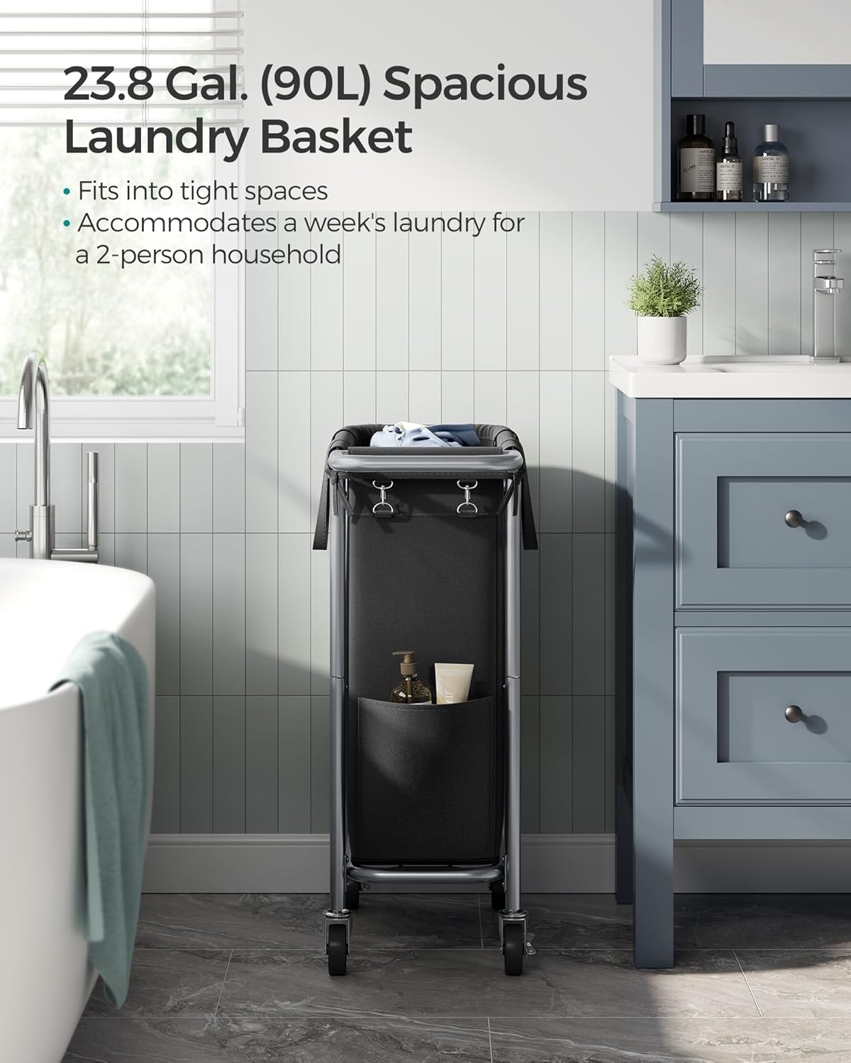SONGMICS Laundry Basket with Wheels, Rolling Laundry Hamper, 23.8 Gallons (90 L), Removable Liner, Steel Frame with Handle, 24 x 11.4 x 31.9 Inches, Ink Black URLS003B01