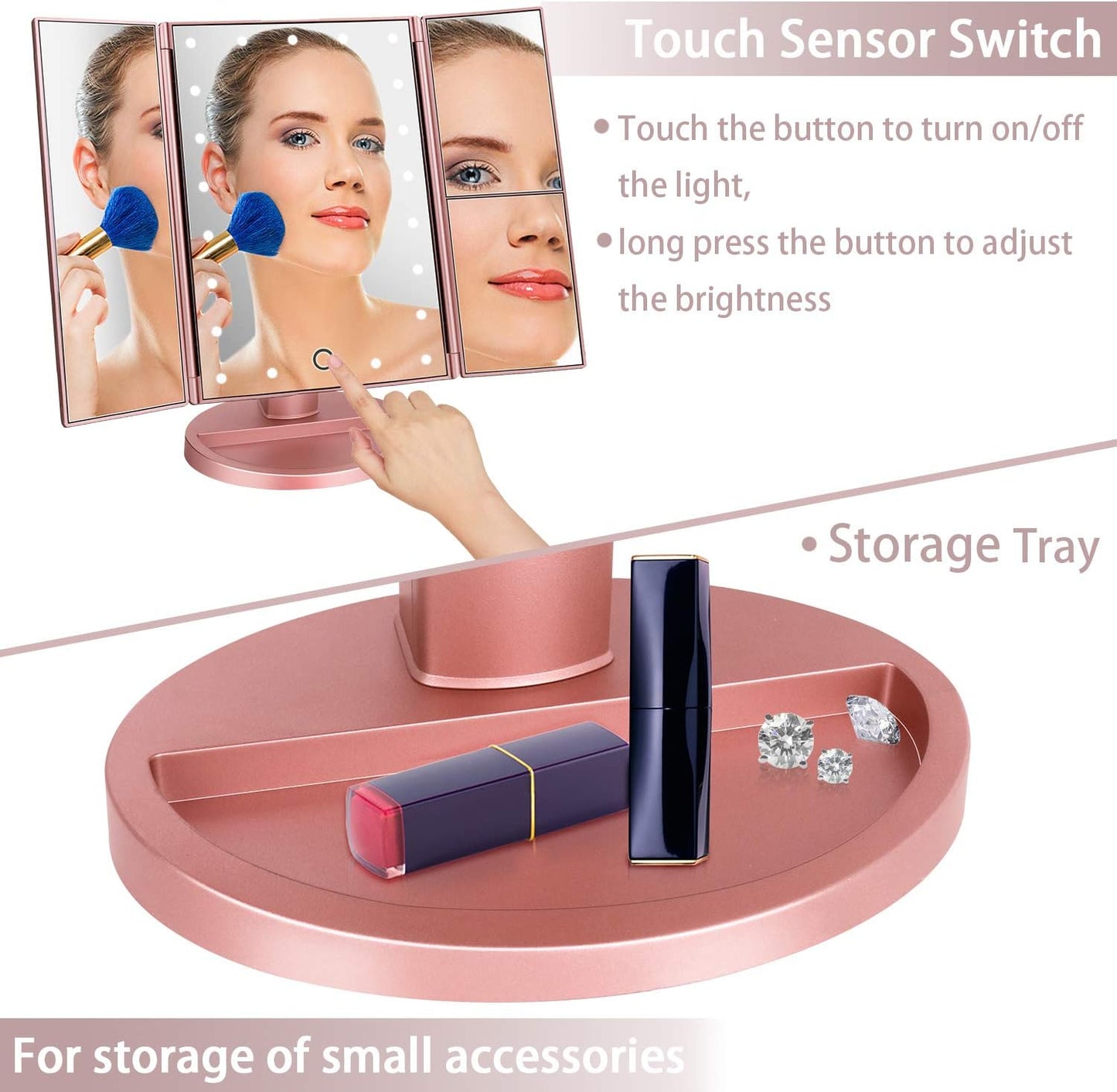 deweisn Dresser Mount Tri-Fold Lighted Vanity Mirror with 21 LED Lights, Touch Screen and 3X/2X/1X Magnification, Two Power Supply Modes Make Up Mirror,Travel Mirror
