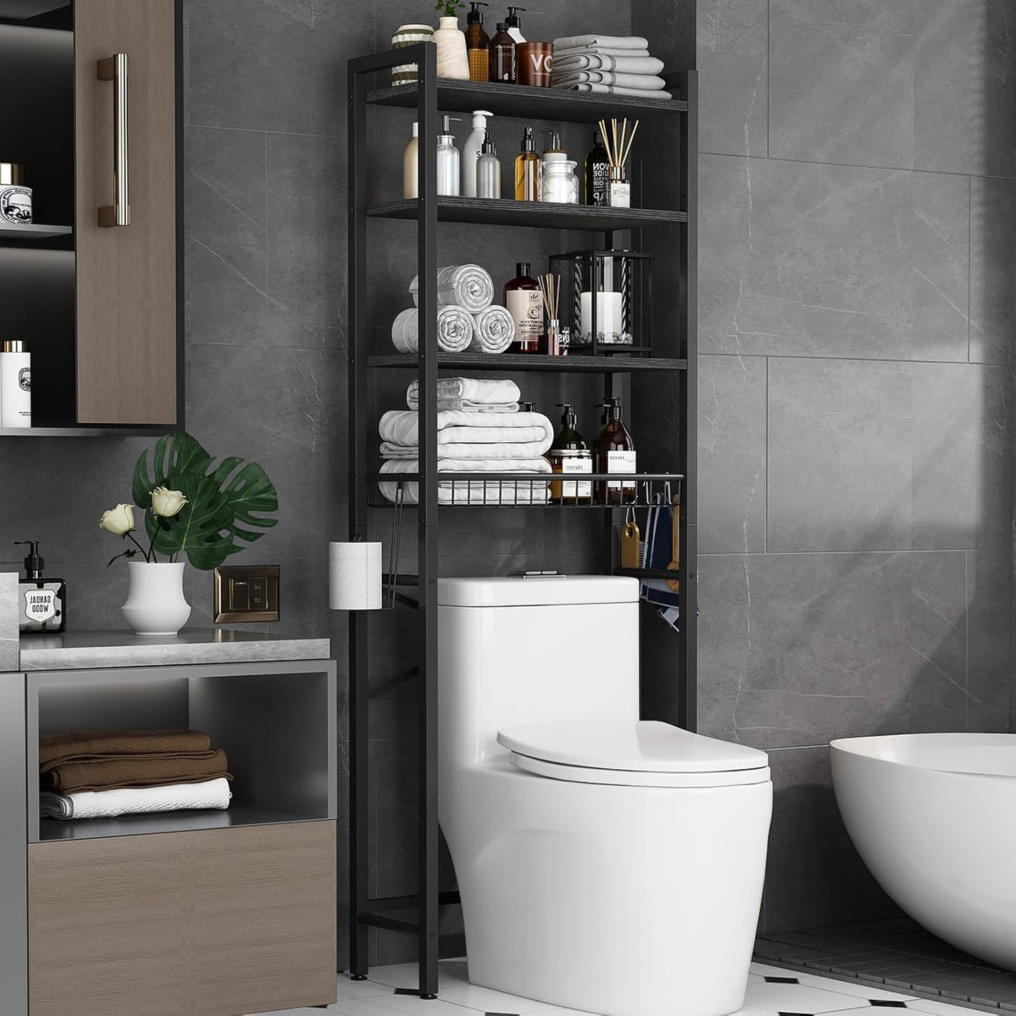 Over-The-Toilet Storage Rack, 4-Tier Bathroom Organizer Shelf Over Toilet with Adjustable Shelf and Basket, Freestanding Space Saver Bathroom Shelves Above Toilet for Room (Pure Black)