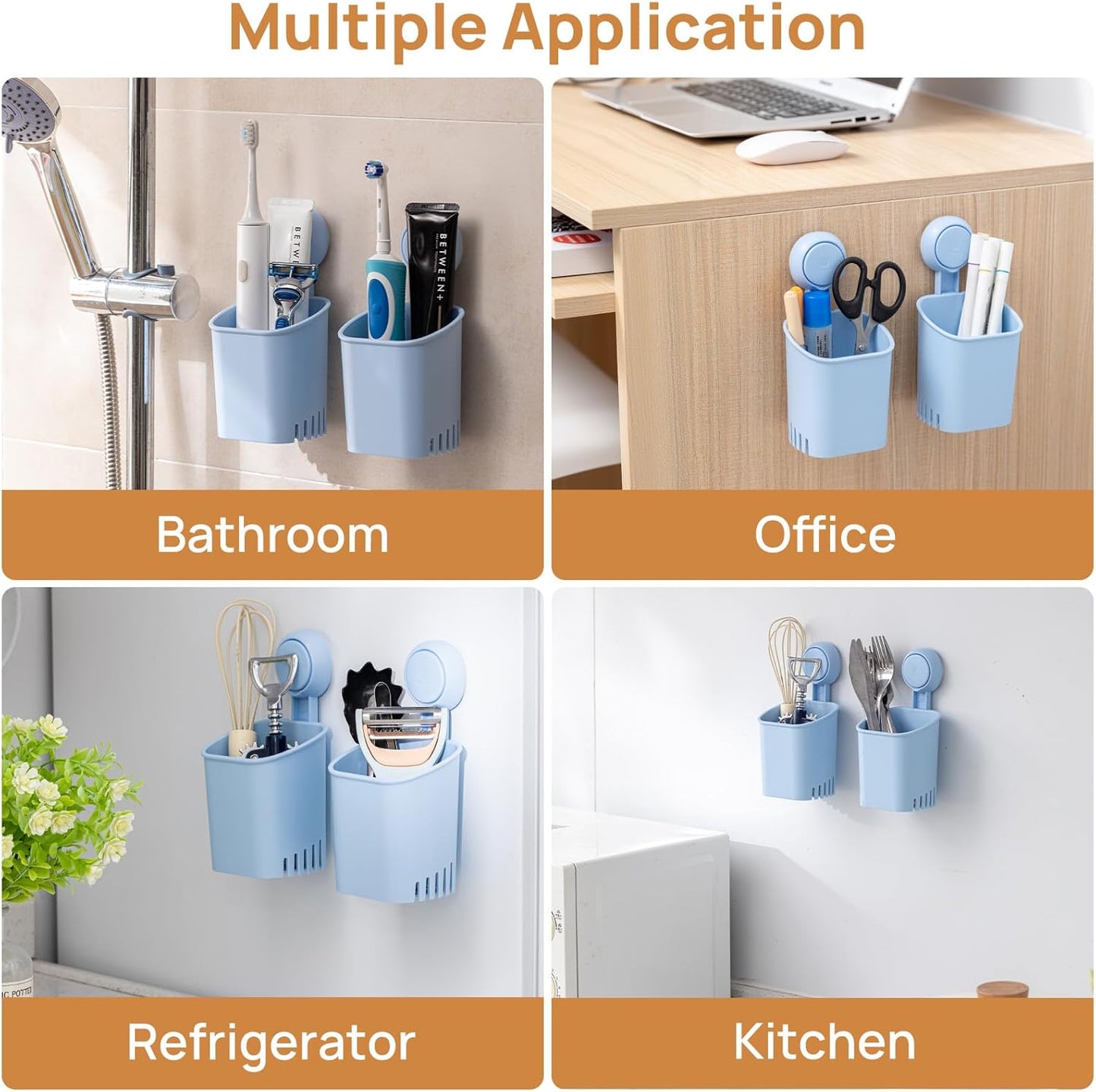 LEVERLOC Powerful Suction Cup Toothbrush Holder, No Drill Removable Wall Shower Holder for Toothbrush, Toothpaste, Razor, Self-draining Suction Cup in Shower, Kitchen Tableware Organizer, Blue, 2 Pack