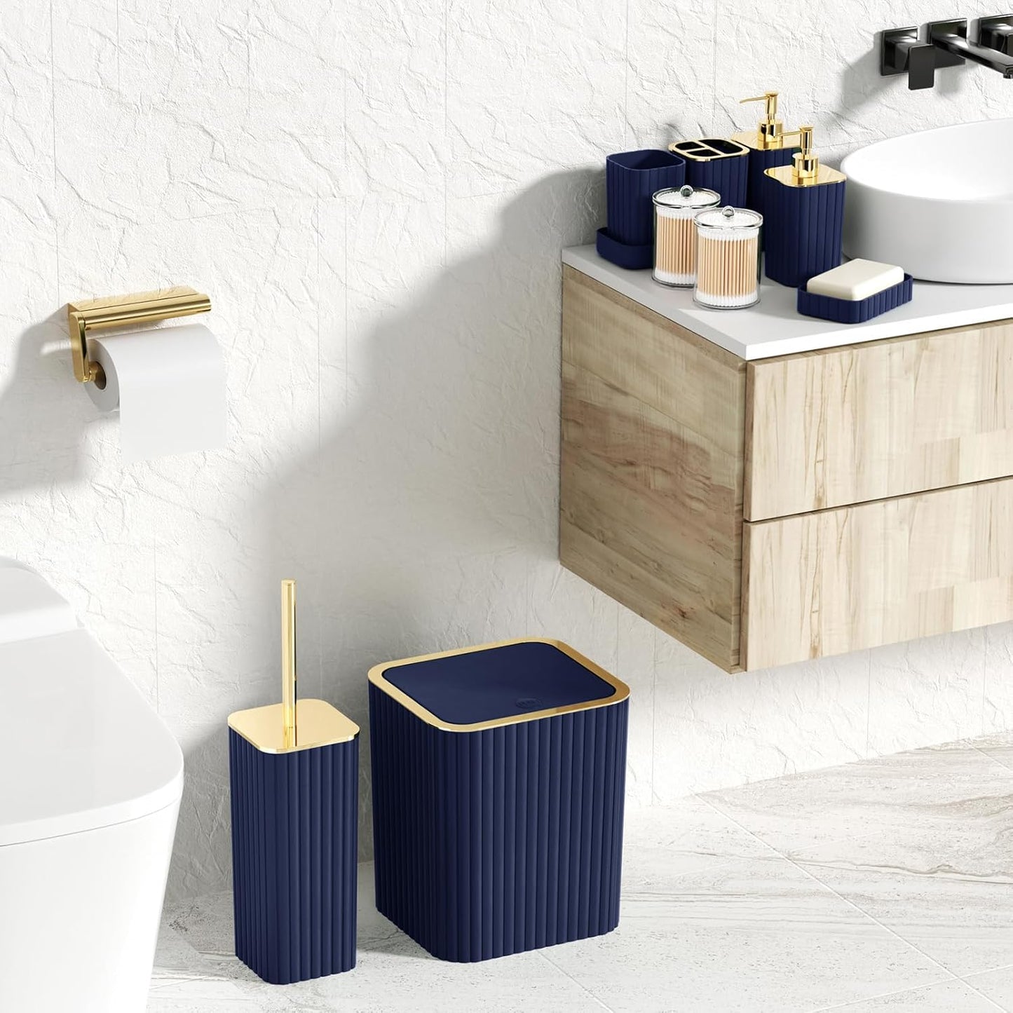 Bathroom Accessories Set - Gorgeous Bathroom Set, 10PC Navy Blue Bathroom Accessory Set, Toilet Brush, Trash Can, Qtip Holder Dispenser & Soap Dispenser