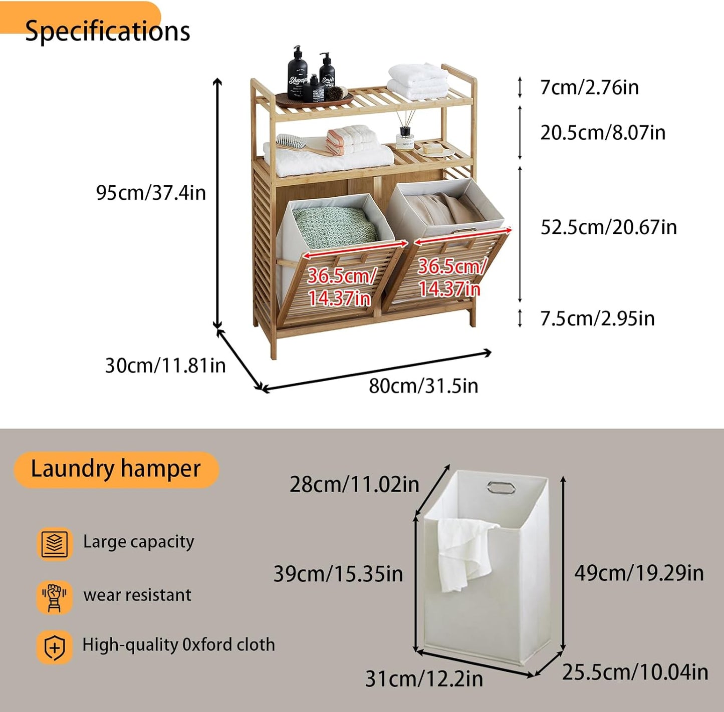 Double Tilt Out Laundry Hamper, Bamboo Hamper with 2 Removable Bags, Pull Out Laundry Hamper Cabinet, Bathroom Storage Shelf for Laundry Room, Living Room, Bedroom (2-Tier, Natural)