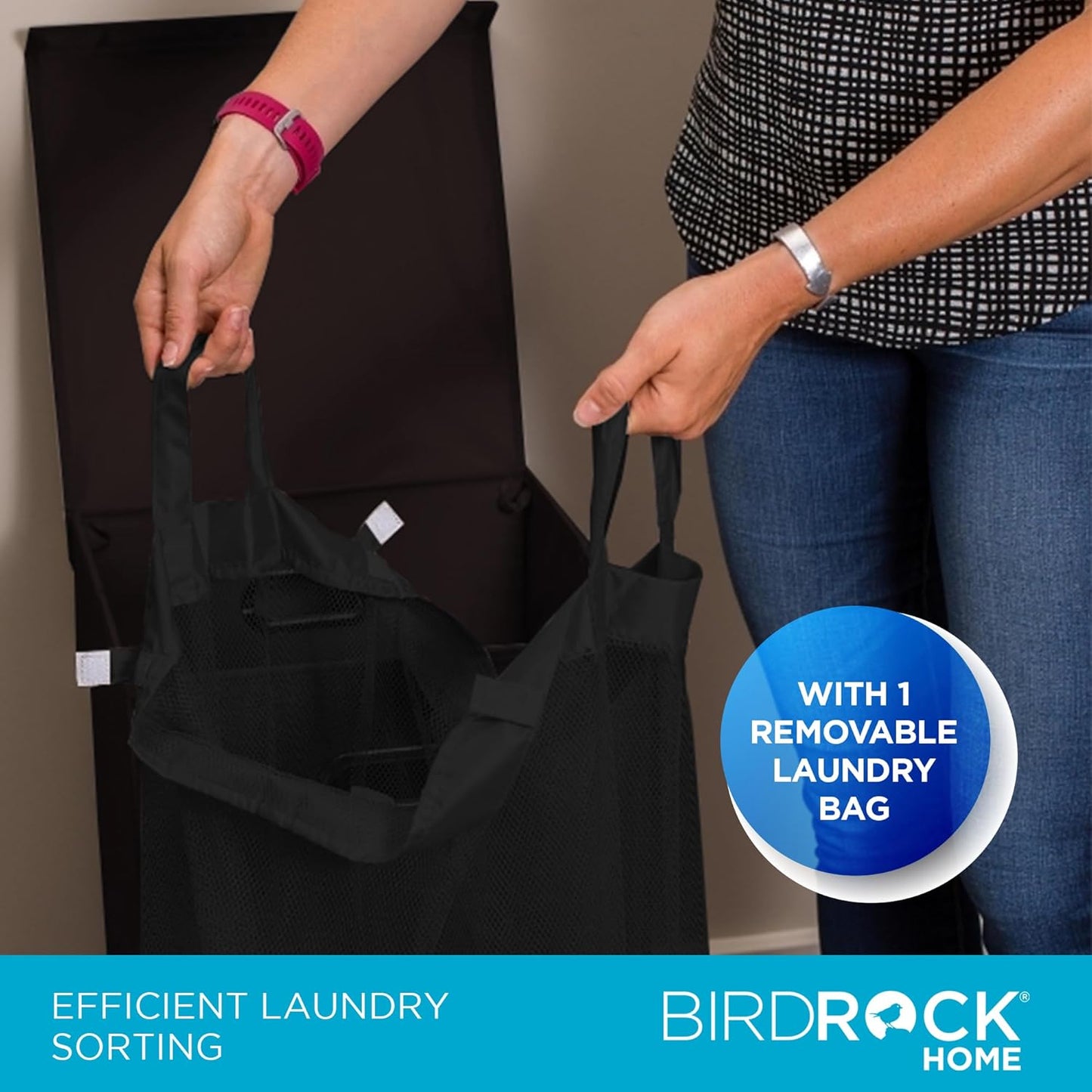 BIRDROCK HOME Single Laundry Hamper with Lid and Removable Liner | Linen | Easily Transport Laundry | Foldable Hamper | Cut Out Handles