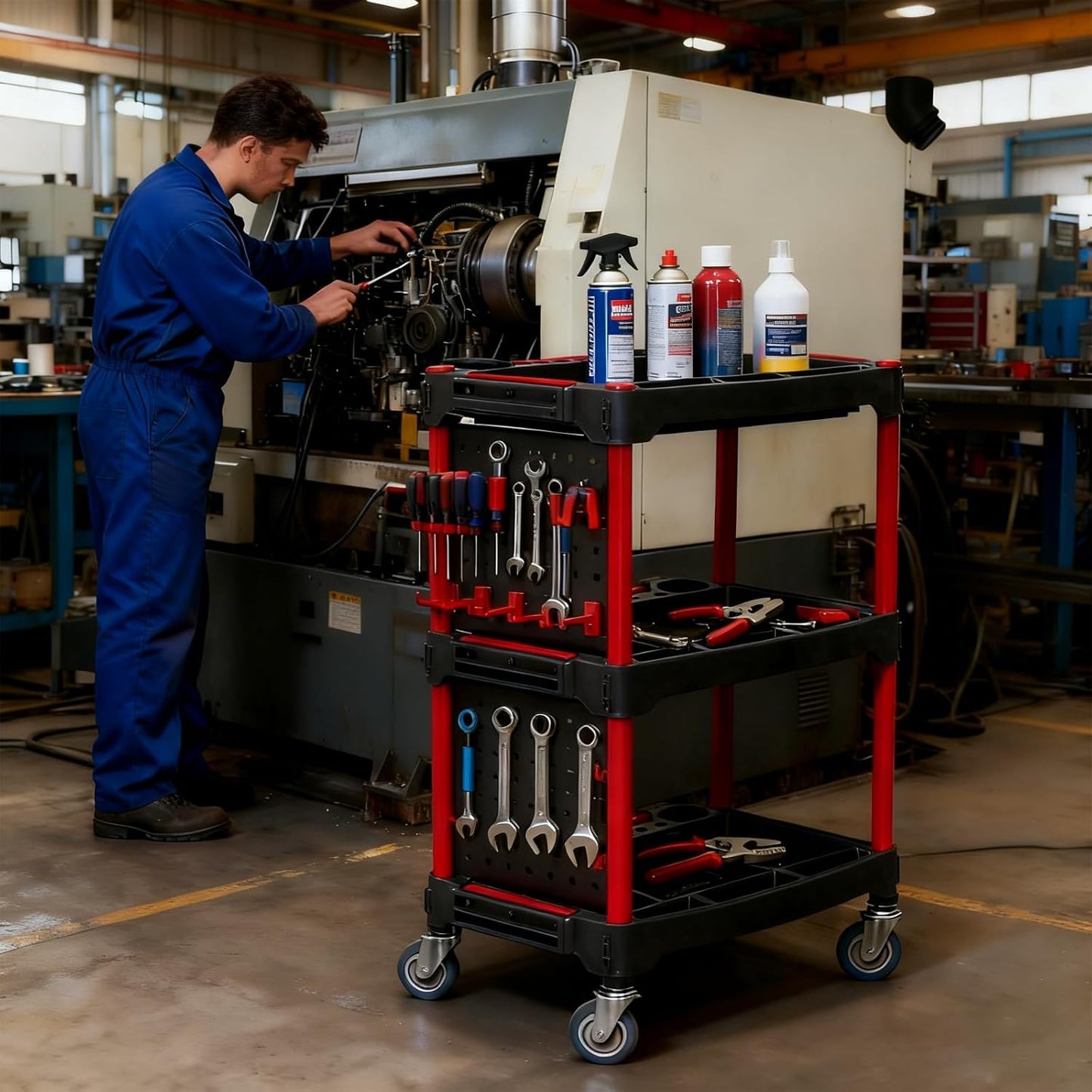 3-Tier Heavy-Duty Detailing Cart with Wheels, Rolling Detail Tool Cart, 200kg/440.92lb Capacity Tool Organizer for Car Wash, Workshop & Garage (Includes Hooks, Spray Bottles & Brushes)