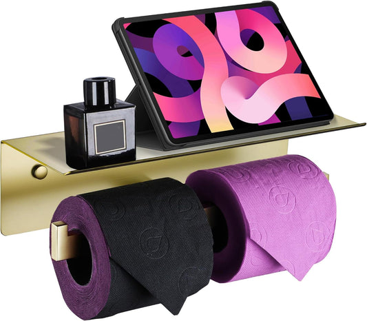LANC Double Toilet Paper Holder with Shelf, Brushed Gold Commercial Roll Tissue Dispenser with Phone Shelf for Bathroom Wall Mounted or 3M Self-Adhesive Stainless Steel Storage, A8377BG