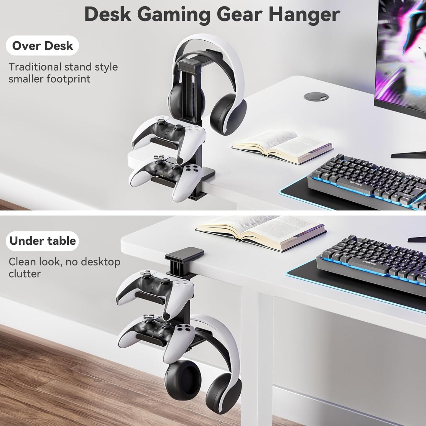 Controller Holder & Headphone Stand Under Desk with Adjustable Clamp, Controller Stand&Headset hanger for Desk Mount with 360° Rotating Hook & Cable Organizer, 3-in-1 Gaming Accessories Organizer