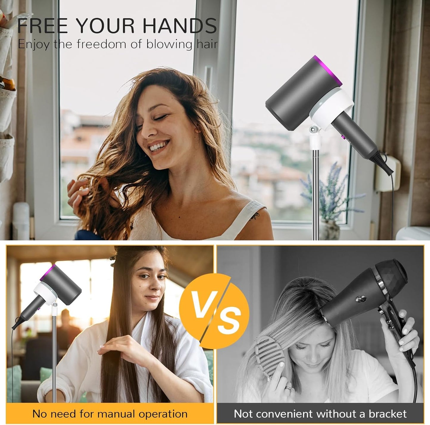 INNOLIFE Hair Dryer Stand, Adjustable Height Handsfree Hair Dryer Holder with Base, 180 Degree Rotating Floor Stand Blow Hairdryer Holder - White