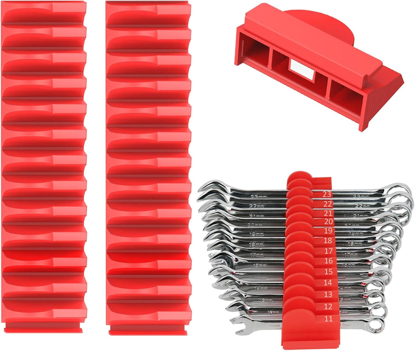 24pcs Magnetic Modular Wrench Organizers for Tool Drawers - Wrench Rack with Metric&SAE Labels,Tool Storage Holder with Magnet.Gift for Father, Brother&Boyfriend (Red with Magnets)