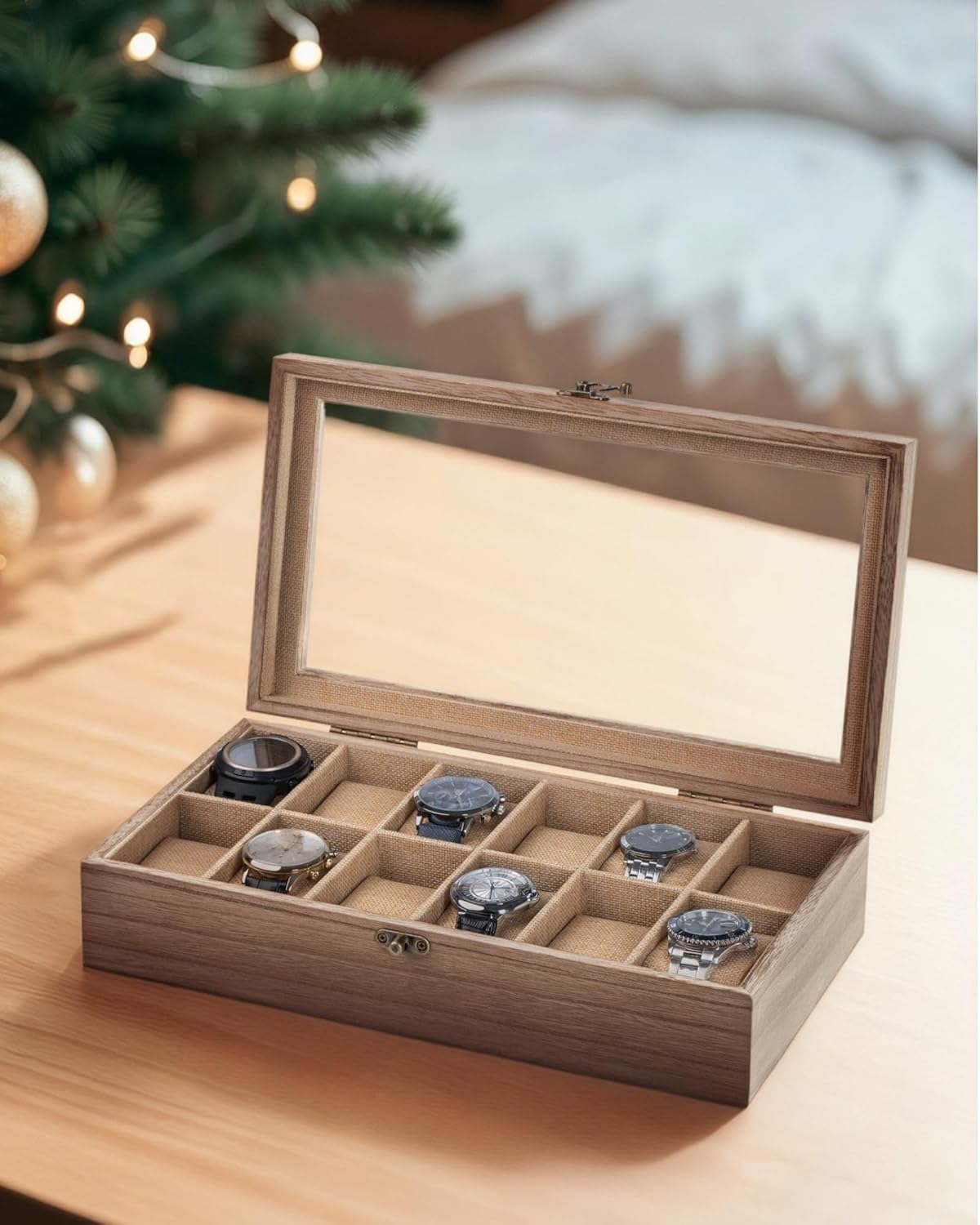 Watch Box, Watch Case for Men Women with Large Glass Lid, Wooden Watch Display Storage Box with 12 - Slots, Weathered Wood Mens Watch Box Organizer