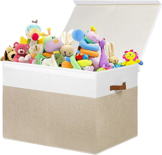 Large Toy Storage Box with Lid, Sturdy Toys Storage Chest Bin Organizer Basket with Dividers for Kids, Boys, Girls, Nursery, Closet, Bedroom, Playroom 26"x17" x17" (Beige and White)
