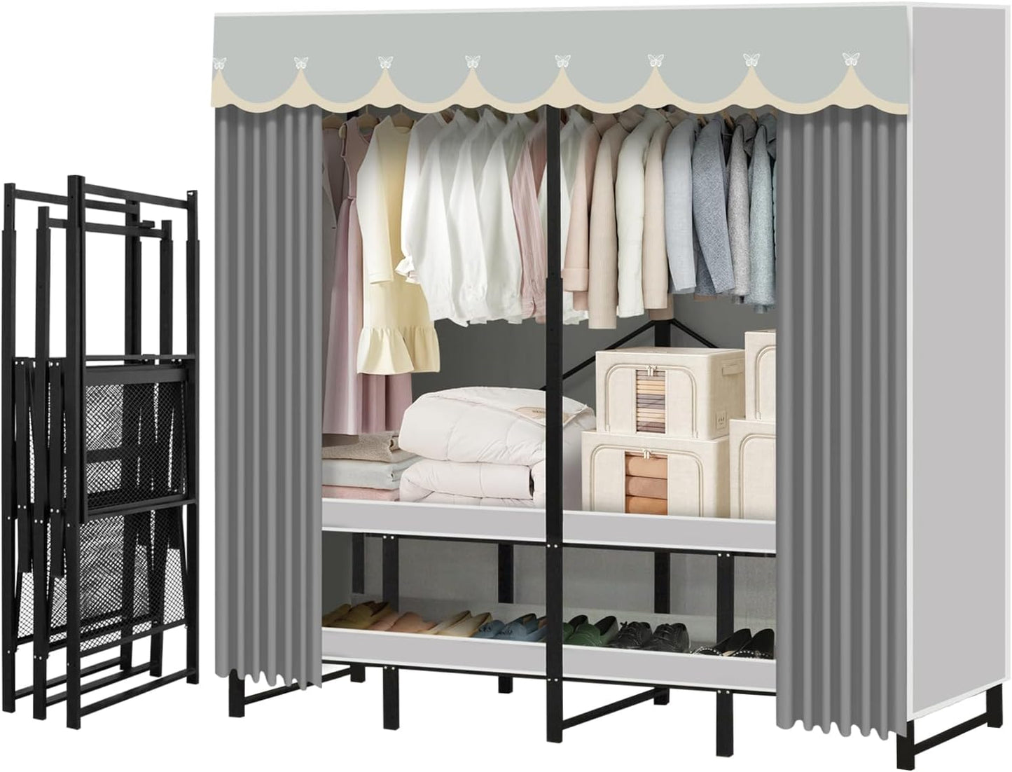 Portable Closet Rack Heavy-Duty Foldable Garment Racks with Cover 1200lbs Enclosed Wardrobe Closet with Independent Area for Hanging Clothes Storaging of Bedding (51in*20in*67in)