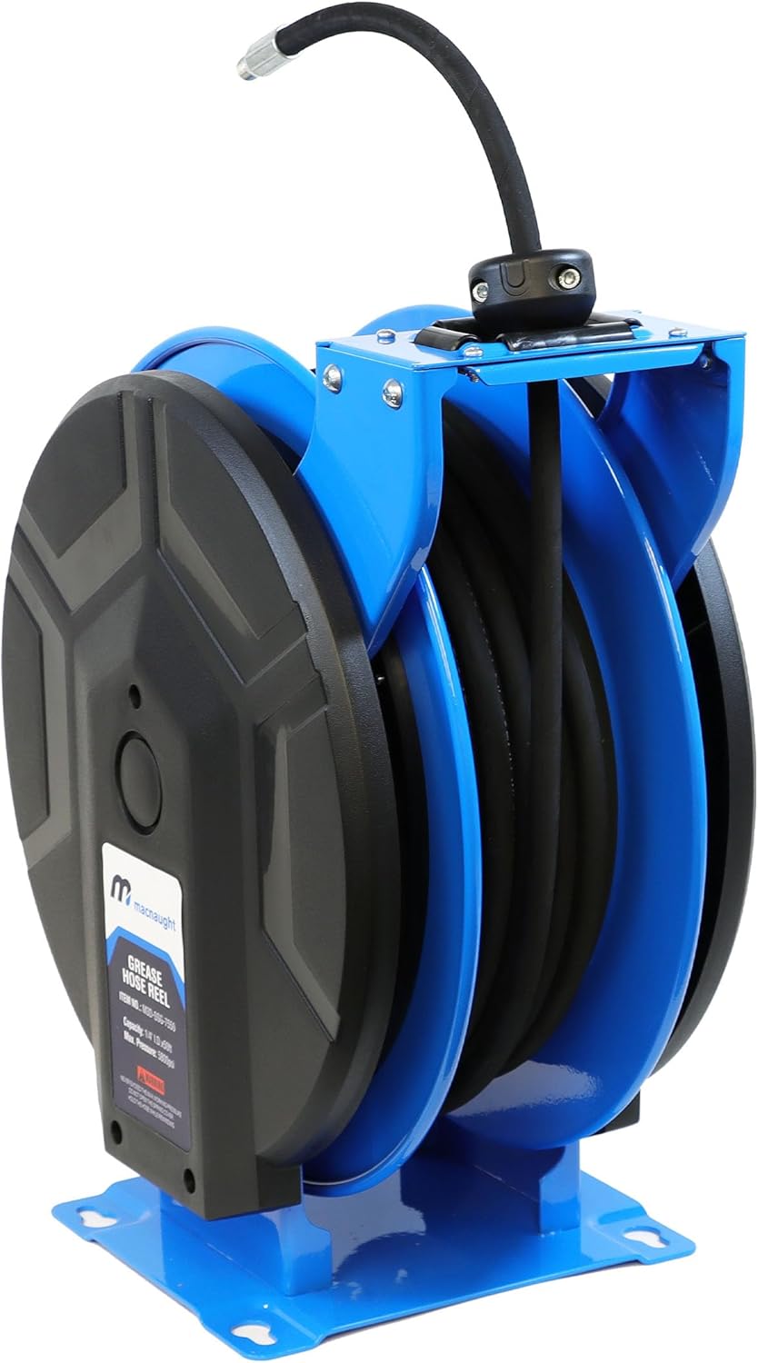 Macnaught M3 Slow Retraction Grease Safety Hose Reel 1/4” x 50 ft, Heavy Duty, Dual Pedestal, 5800PSI