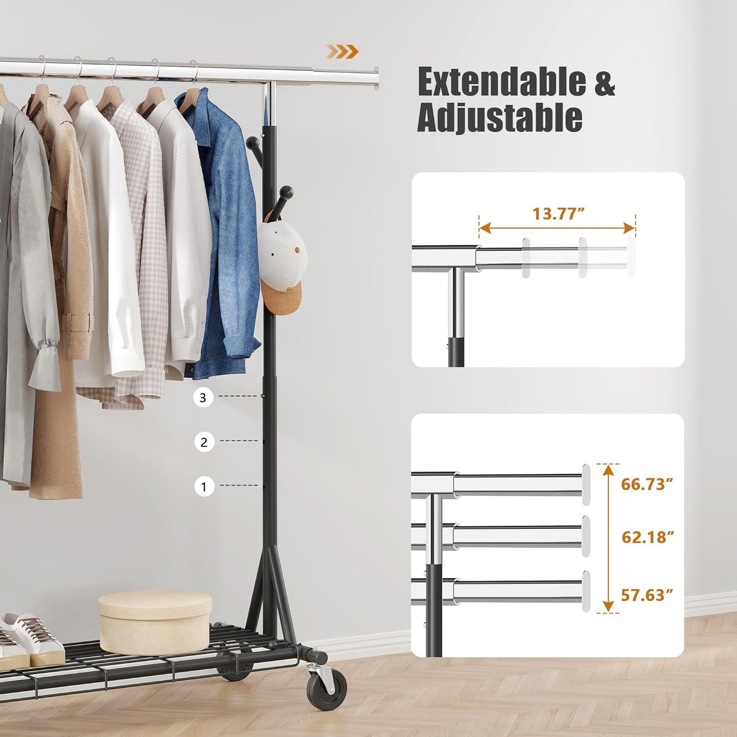 Garment Rack Load 530lbs,Heavy Duty Rolling Clothes Rack With Sturdy Wheel And Shelves, Adjustable Portable Hanging Rack For Clothes, Chrome Stainless Steel, Black