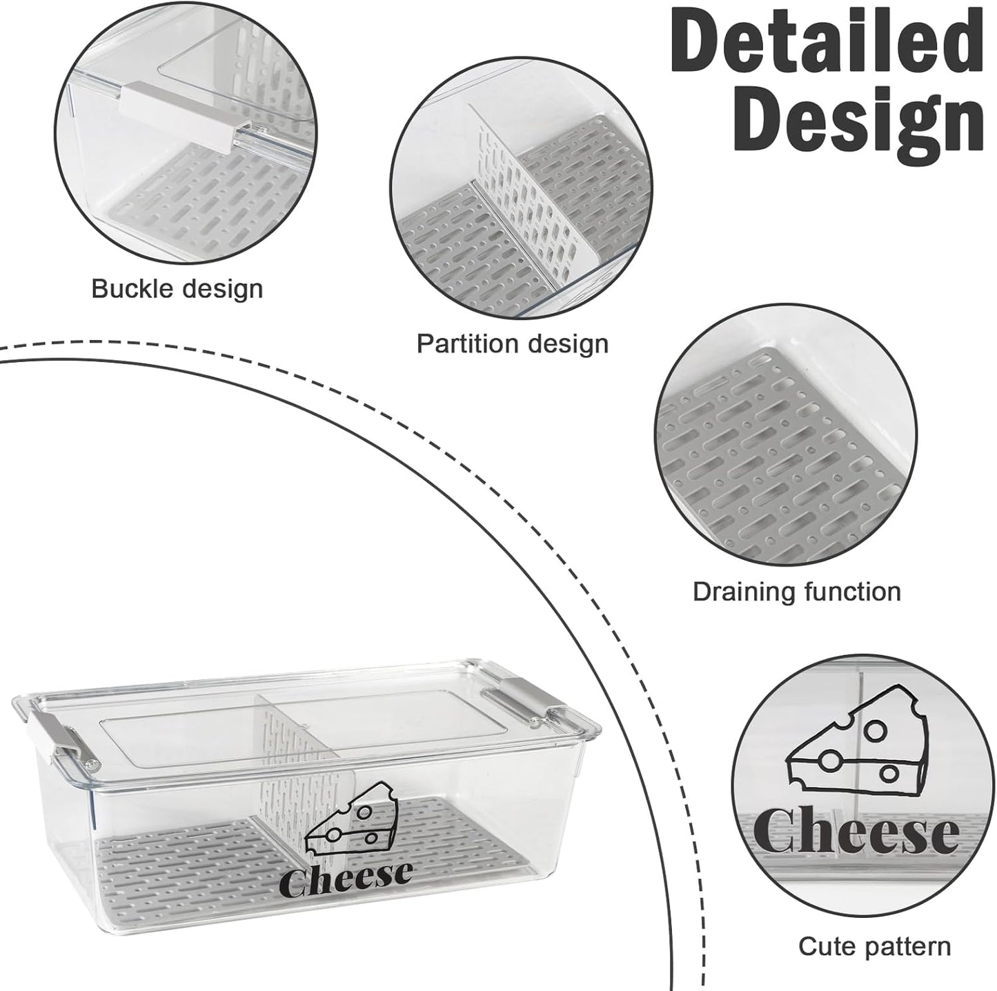 Cheese Container Airtight with Draining Basket Cream Block Cheese Sliced Cheeses Box with Lid for Fridge Shredded Saver 2 Compartment Deli Meat Storage Box,Cheeses Sliced,Grated,Cheddar Keeper