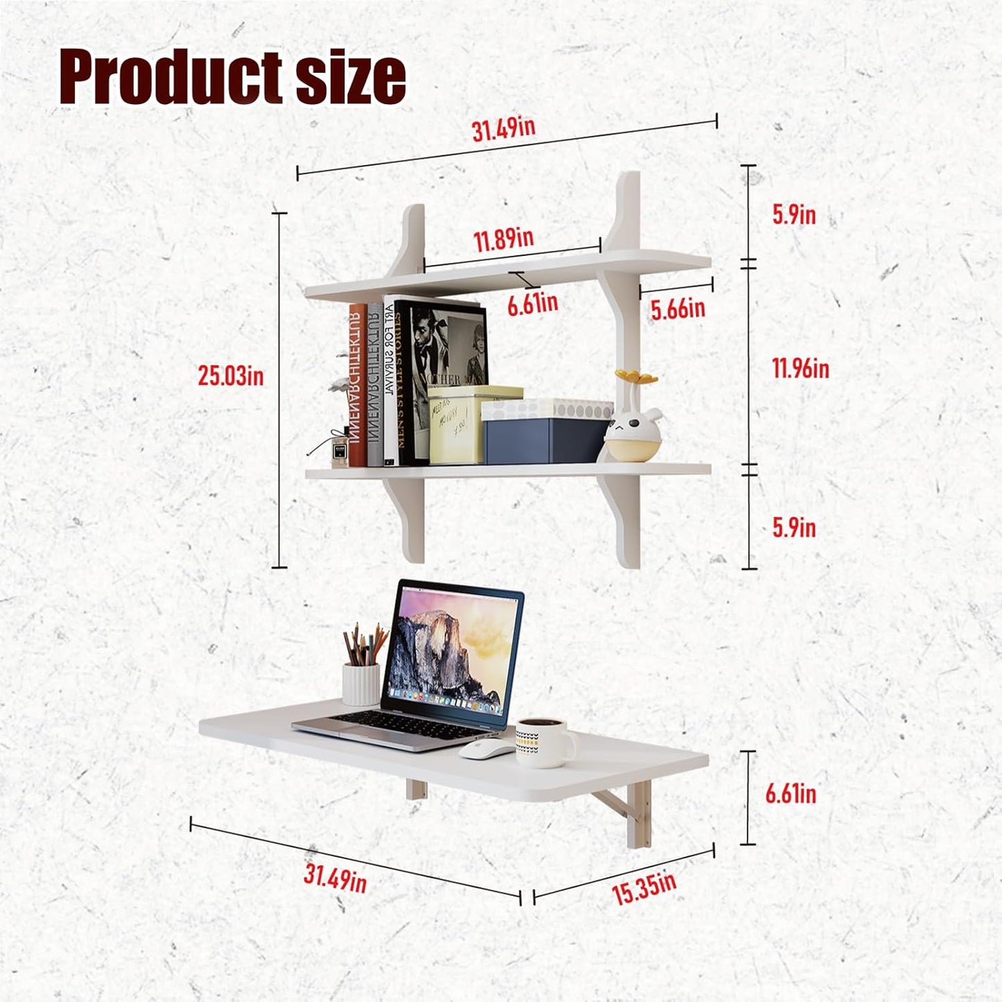 Pmnianhua Wall Mounted Folding Table, 31'' Floating Laptop Desk with Shelves, Foldable Drop Leaf Table, Wall Mount Fold Down Table for Laundry Room Kitchen Bar Home Office Small Space(White)