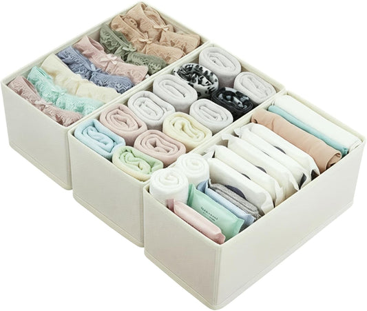 Dresser Drawer Organizer 3-Pack Beige - Foldable Small Storage Bins for Socks, Underwear & Bras, 11" Fabric Dividers for Closet